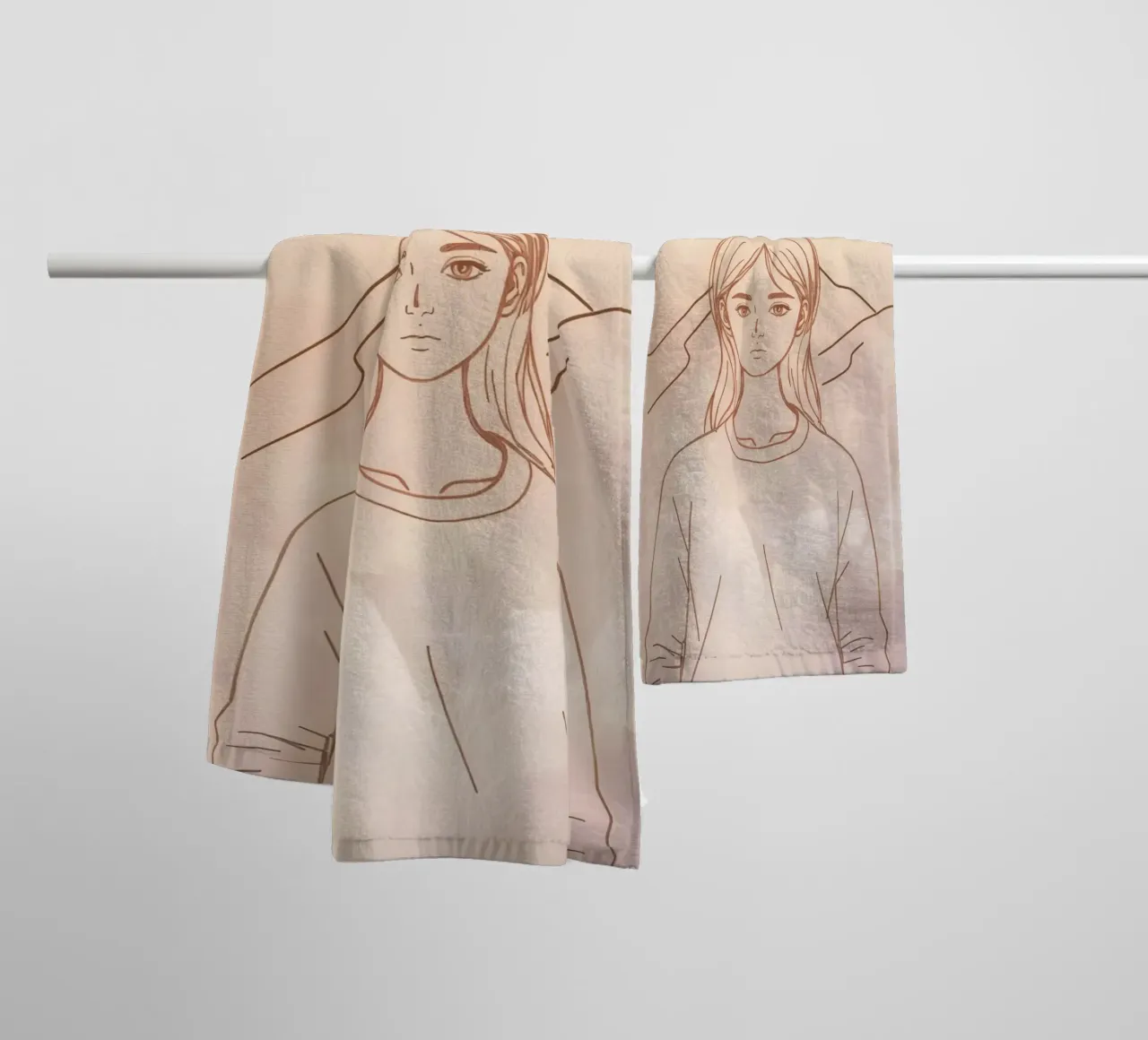 Girl standing in front of mountains with a minimalist style towel by DesignDoodle
