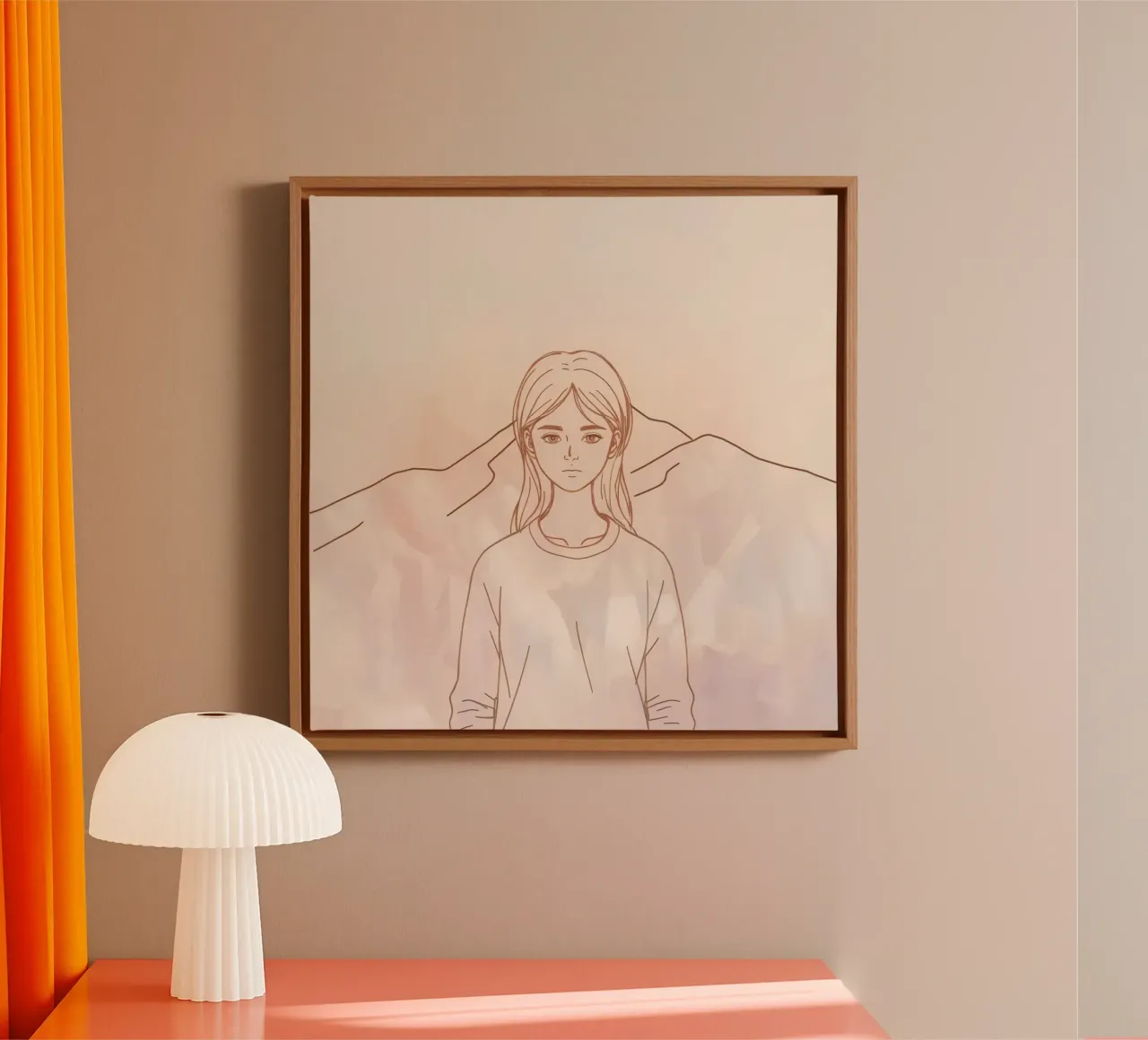 Girl standing in front of mountains with a minimalist style canvas with Floater frame by DesignDoodle