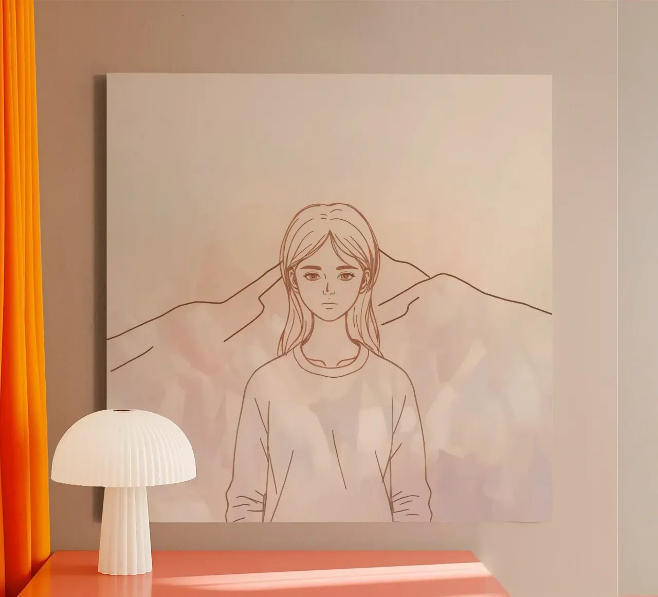 Girl standing in front of mountains with a minimalist style canvas with Floater frame by DesignDoodle