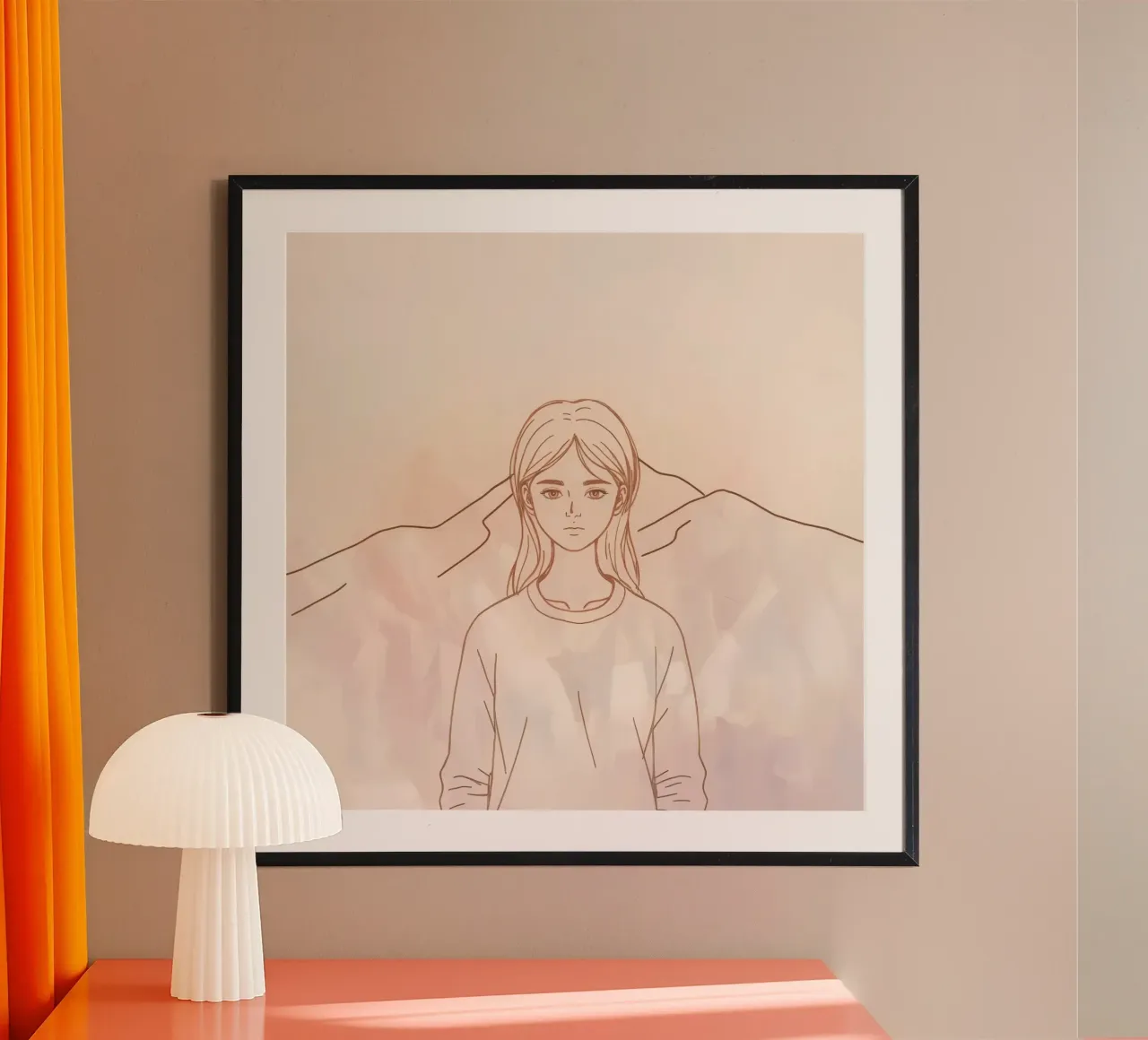 Girl standing in front of mountains with a minimalist style poster by DesignDoodle