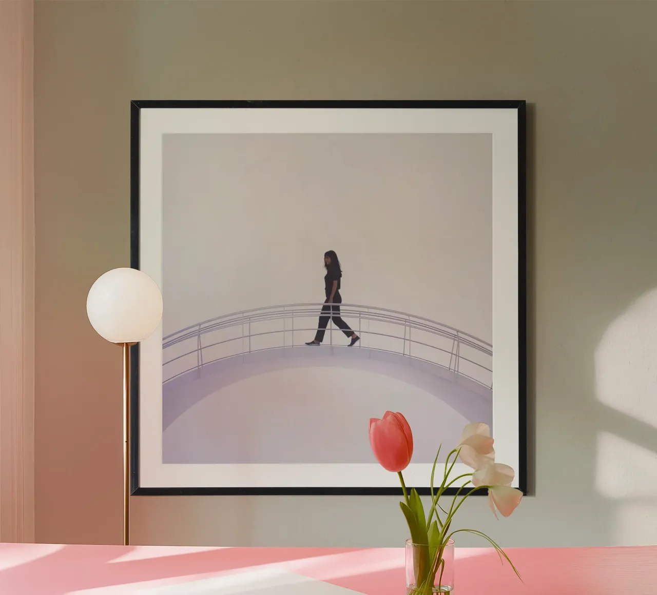 Donna che attraversa un ponte moderno in un'opera d'arte minimalista poster da DesignDoodle