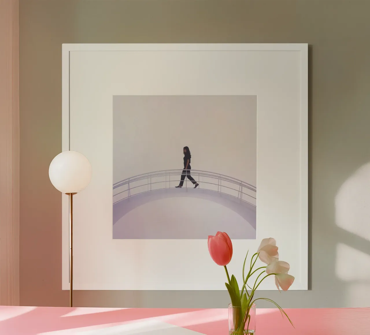 Donna che attraversa un ponte moderno in un'opera d'arte minimalista poster da DesignDoodle