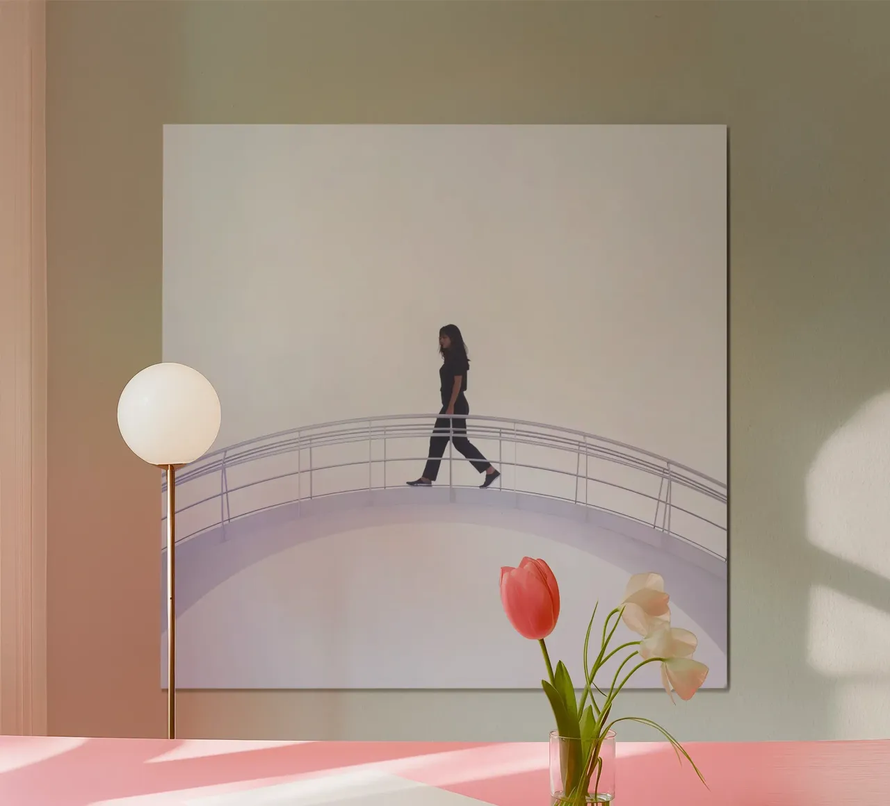 Donna che attraversa un ponte moderno in un'opera d'arte minimalista poster da DesignDoodle