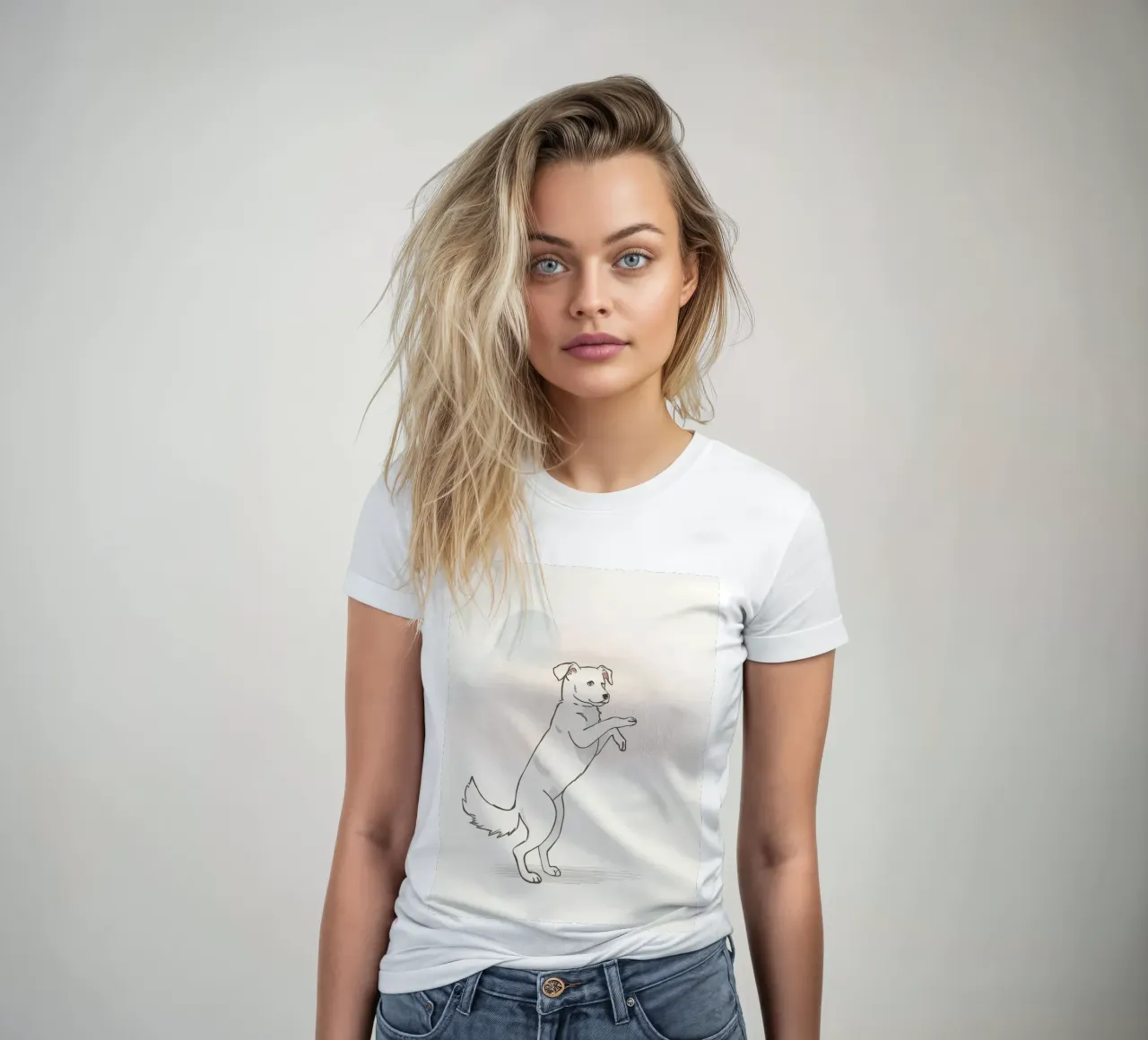 Cane giocoso in piedi su due zampe in un semplice artistico t-shirt da donna da DesignDoodle