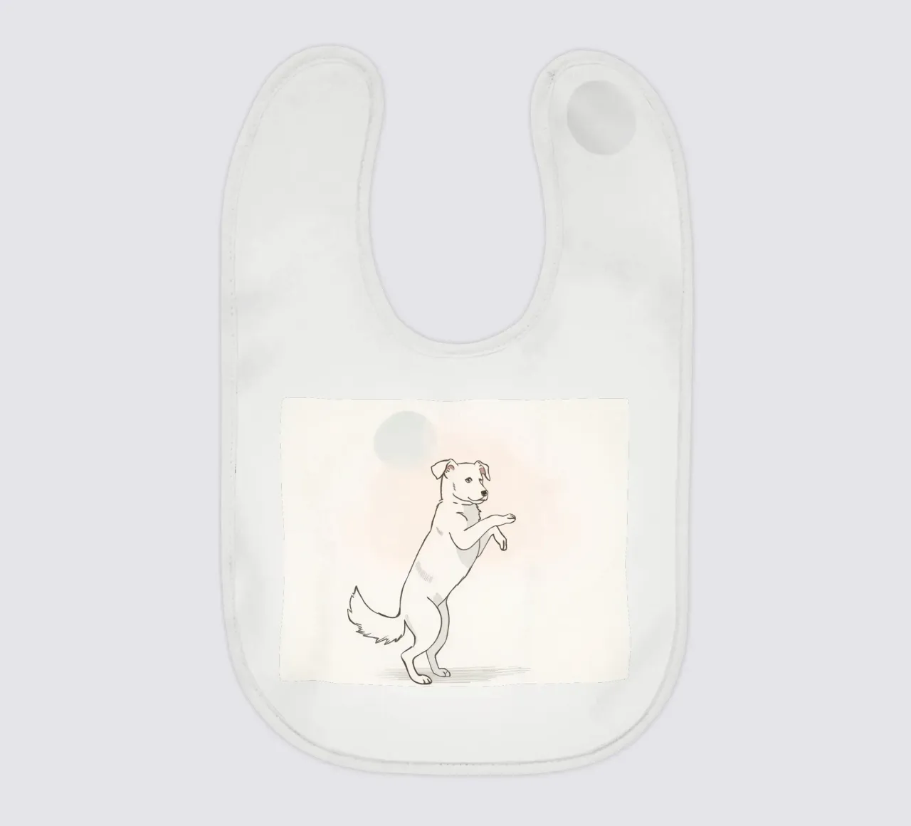 Cane giocoso in piedi su due zampe in un semplice artistico bavaglino da DesignDoodle