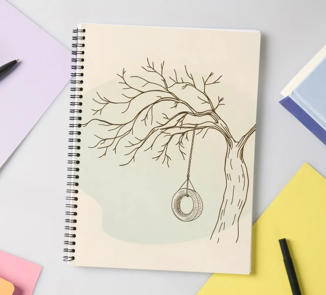 Tree with tire swing hanging from bare branches spiral notebook by DesignDoodle
