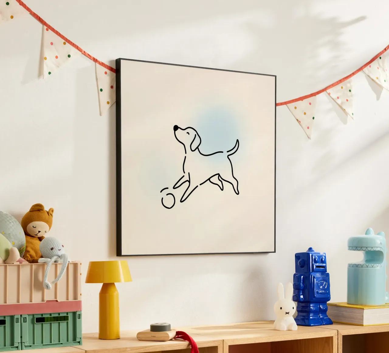 Cane che gioca con una palla in stile minimalista alluminio dibond da DesignDoodle