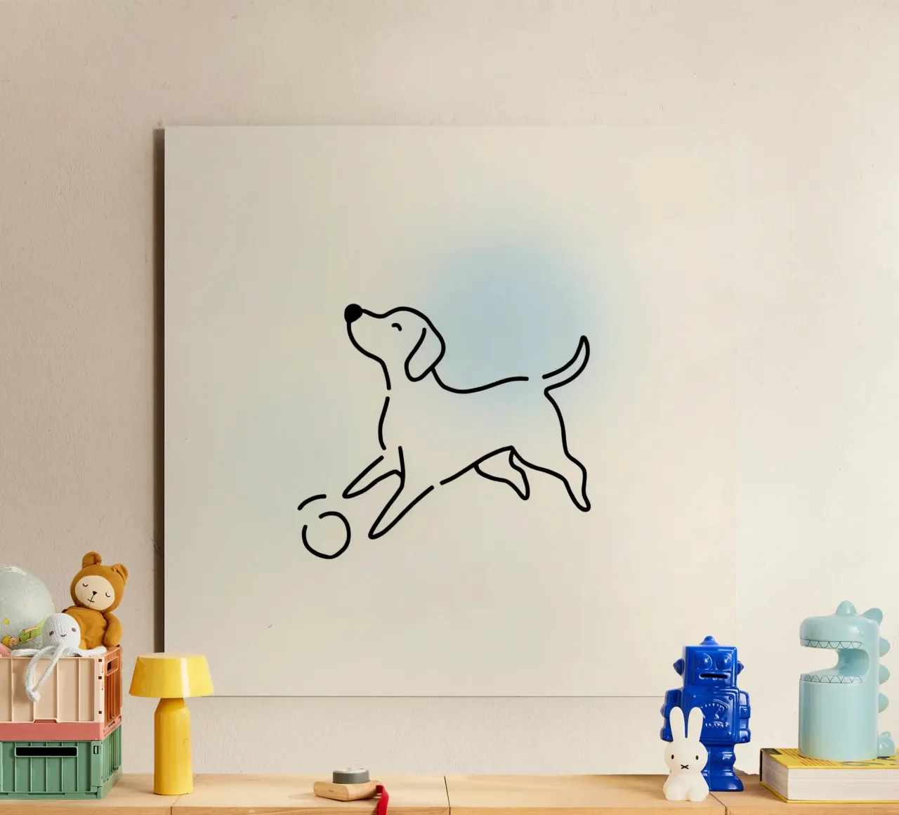 Cane che gioca con una palla in stile minimalista alluminio dibond da DesignDoodle