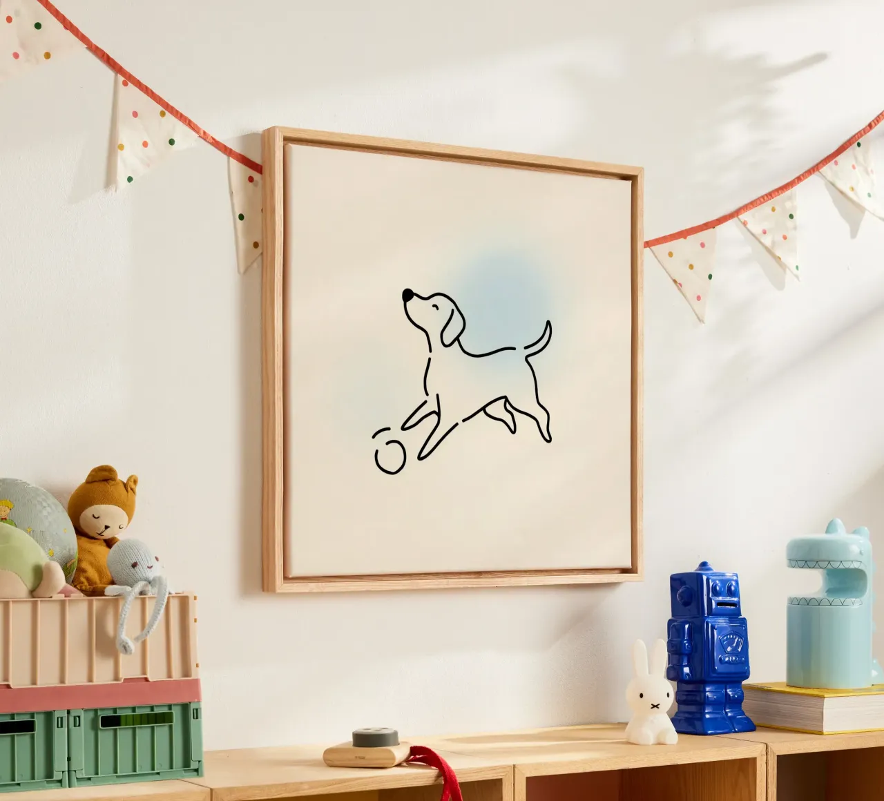 Dog playing with a ball in a minimalist style canvas by DesignDoodle