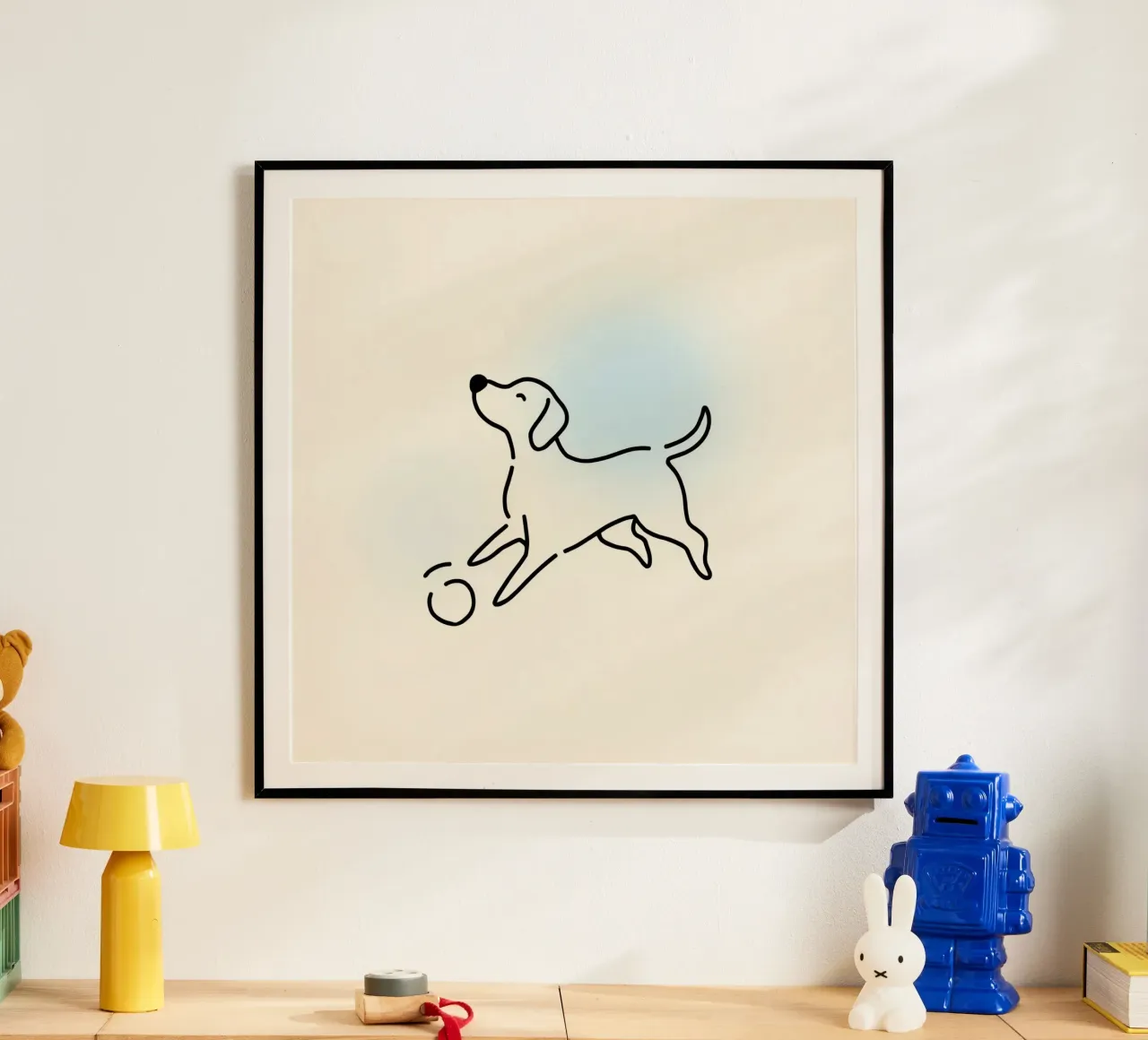 Chien jouant avec une balle dans un style minimaliste hahnemühle de DesignDoodle