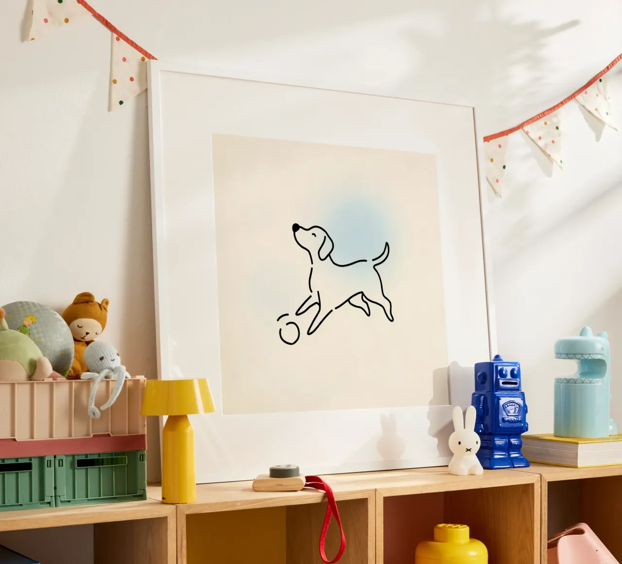 Chien jouant avec une balle dans un style minimaliste hahnemühle de DesignDoodle