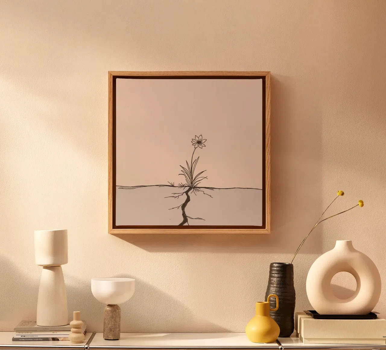Bloem groeit door gebarsten aarde in een verlaten landschap canvas met Baklijst van DesignDoodle