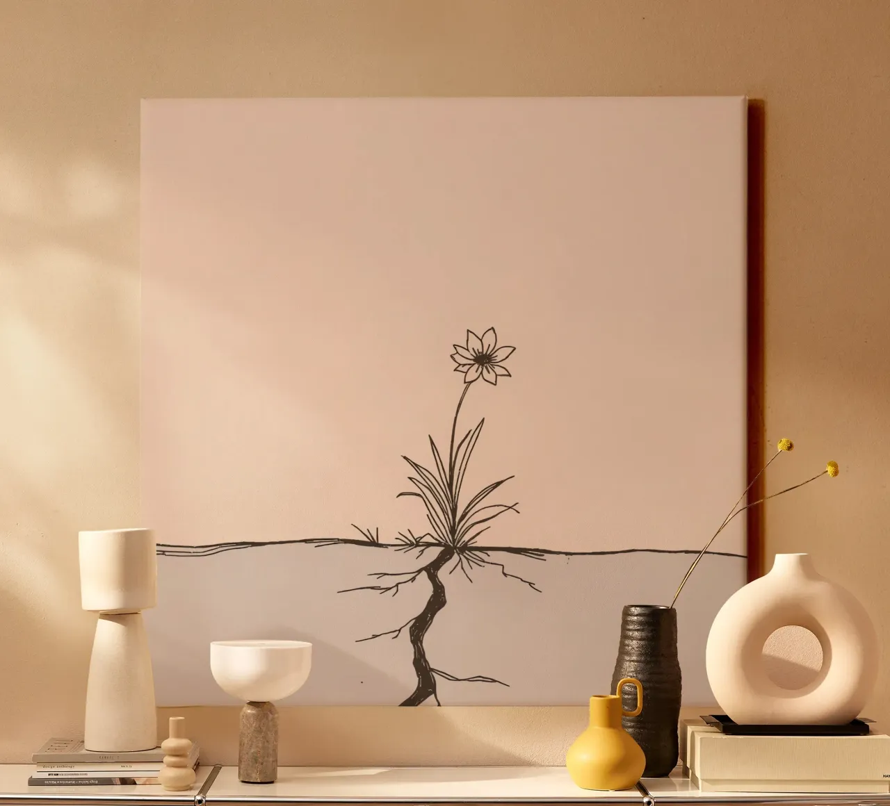 Bloem groeit door gebarsten aarde in een verlaten landschap canvas met Baklijst van DesignDoodle