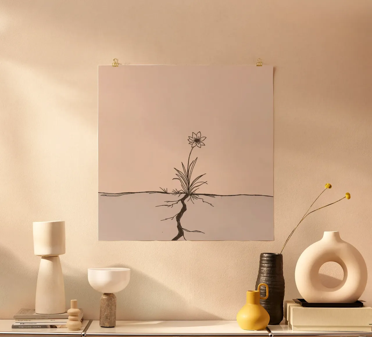 Bloem groeit door gebarsten aarde in een verlaten landschap poster van DesignDoodle