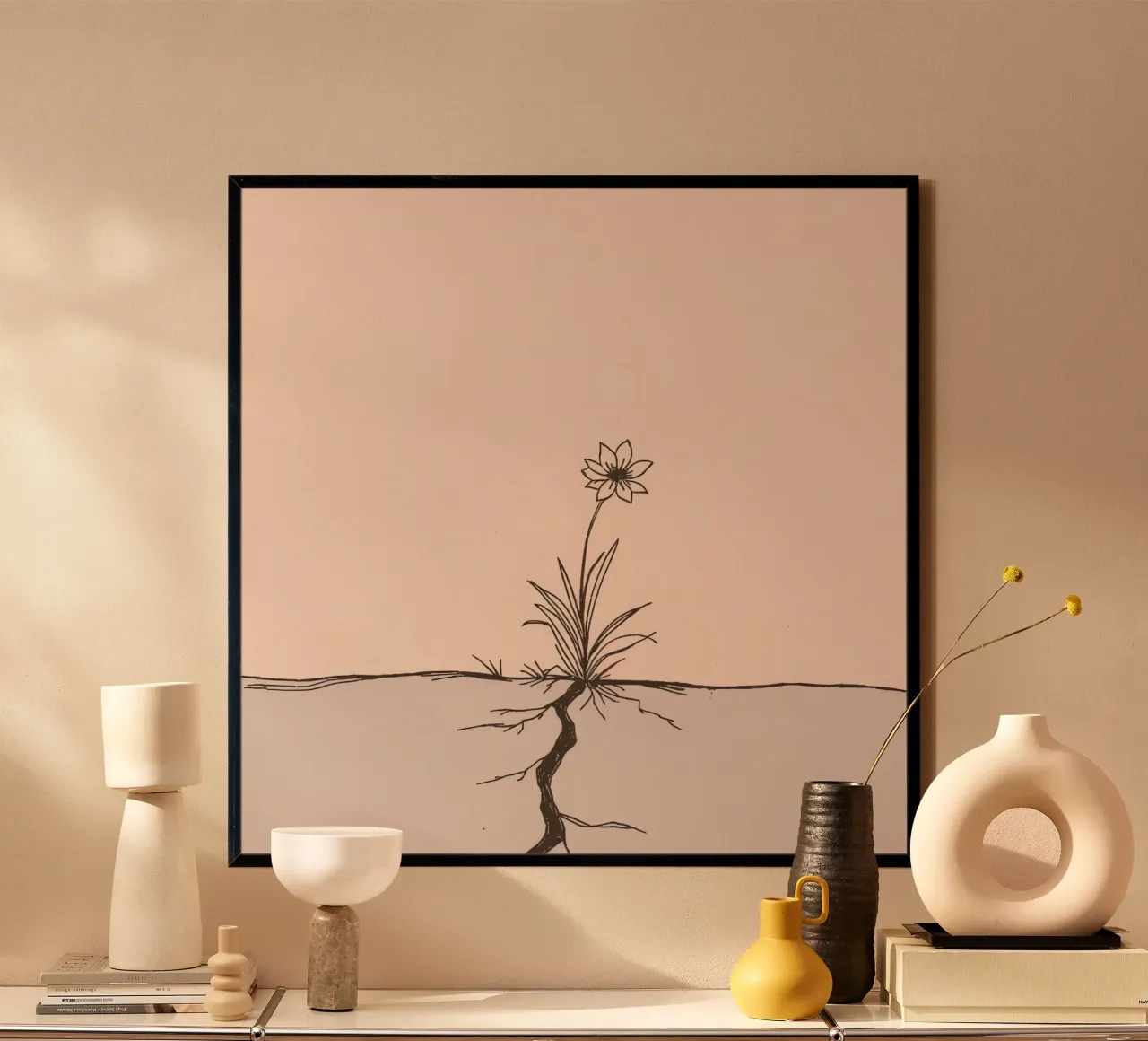 Bloem groeit door gebarsten aarde in een verlaten landschap poster van DesignDoodle