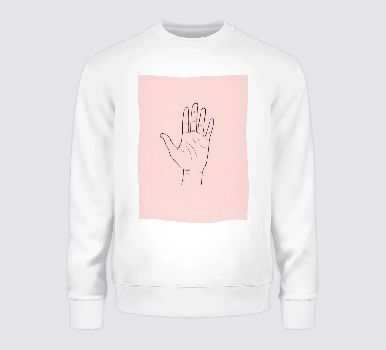 Ilustración de un gesto con la mano sobre un fondo rosa suave sudadera de DesignDoodle