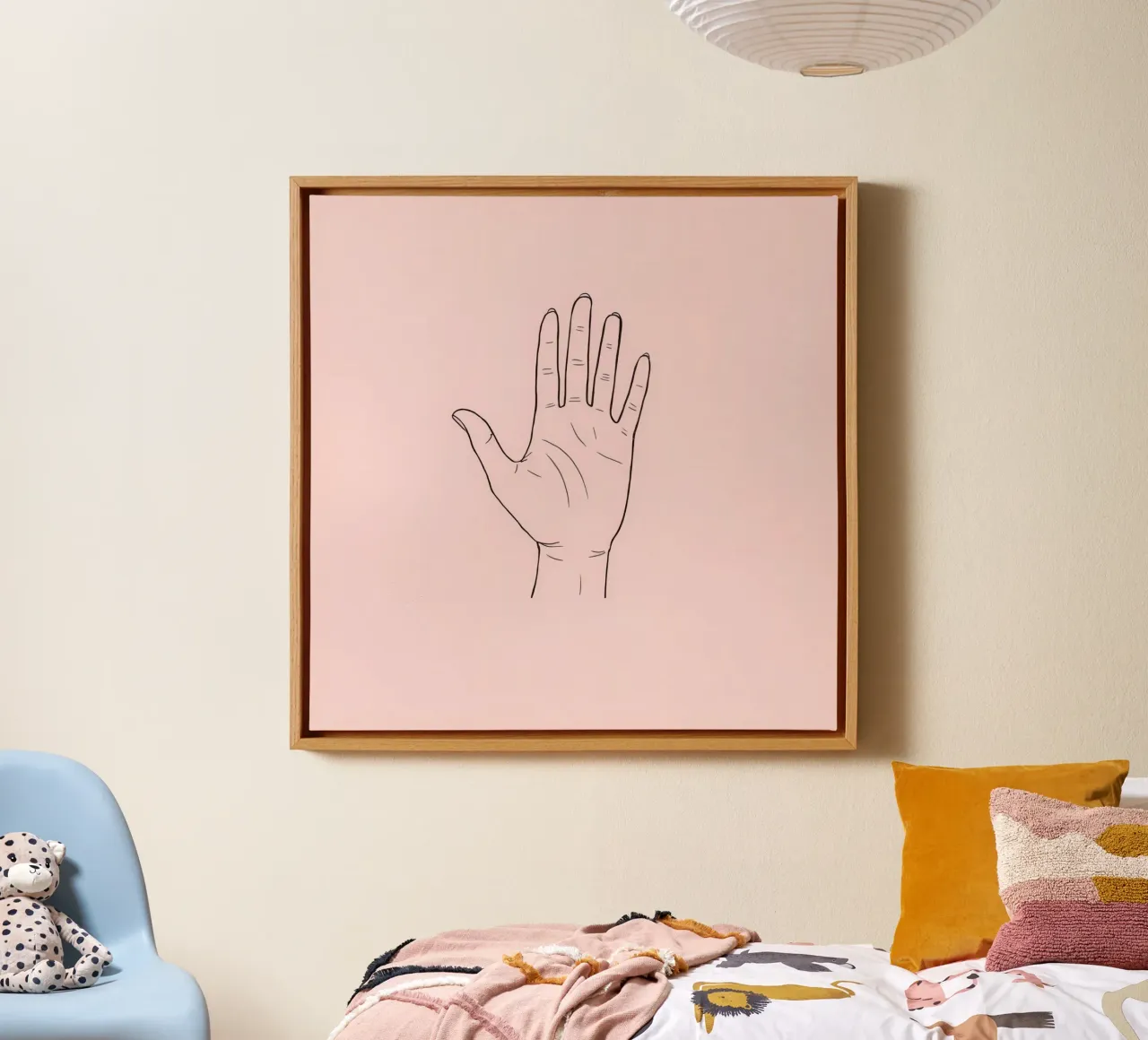 Hand gesture illustration against a soft pink background canvas with Floater frame by DesignDoodle