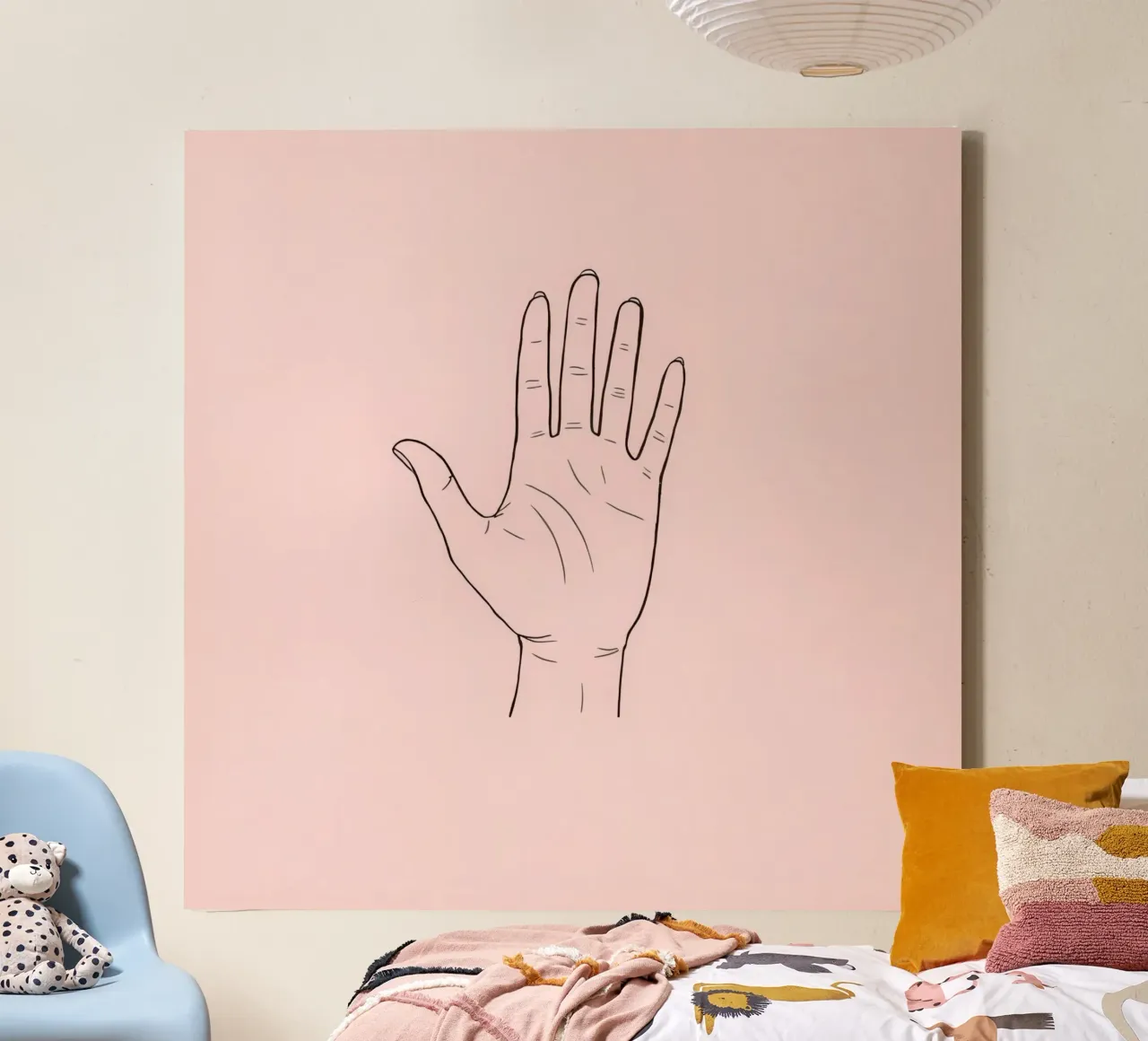 Hand gesture illustration against a soft pink background canvas with Floater frame by DesignDoodle
