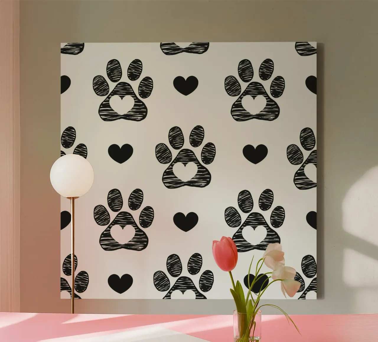 Black and white paw prints with hearts canvas by gulsengunel