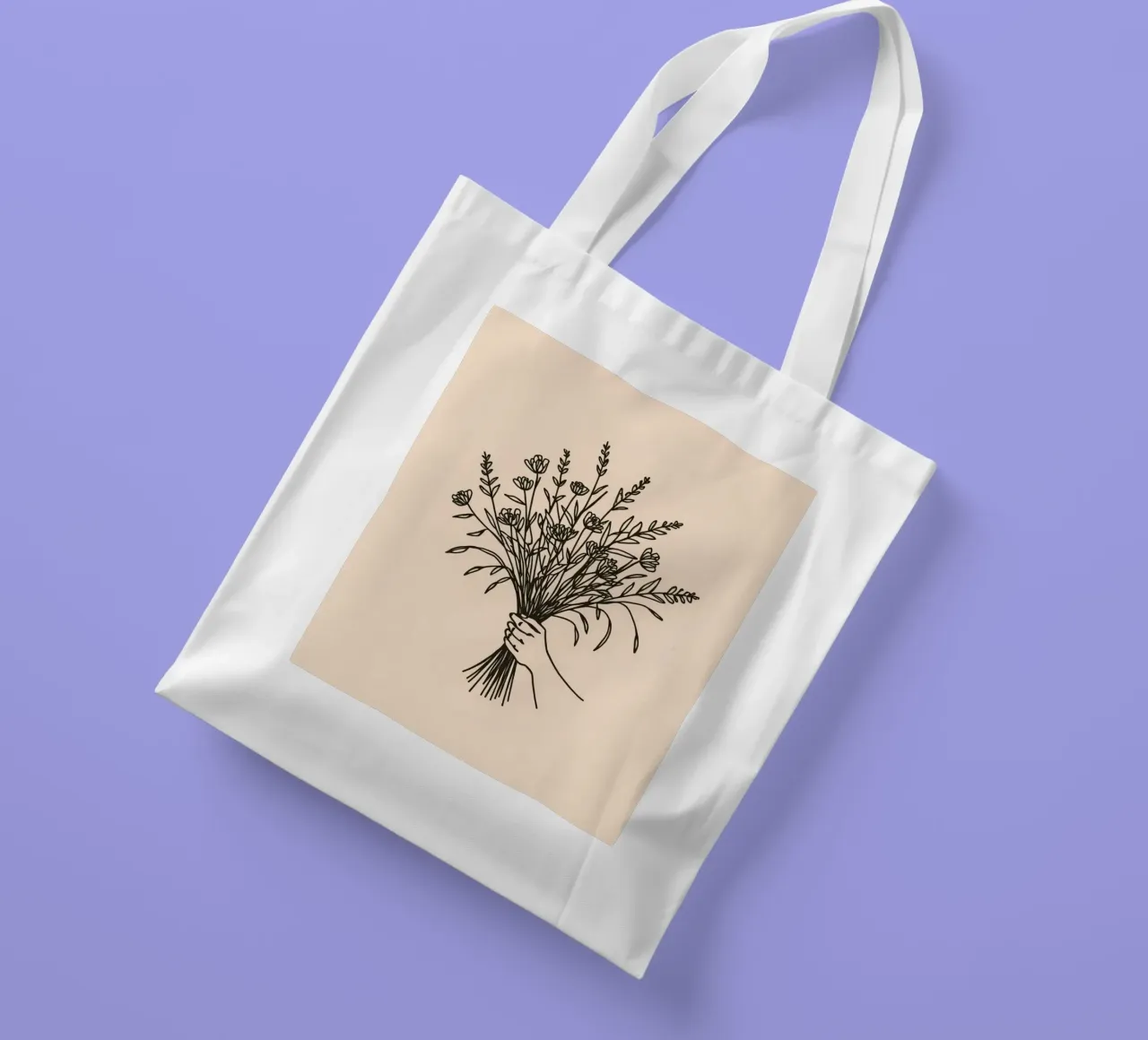 Mano che tiene un mazzo di fiori di campo, composizione elegante borsa in juta da DesignDoodle