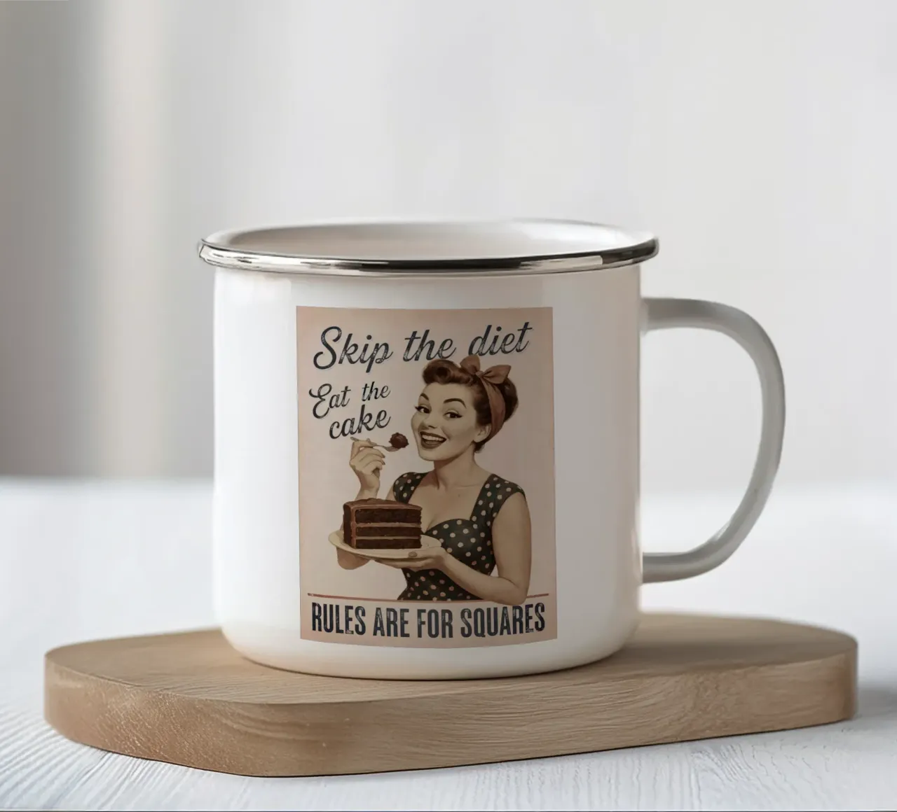 Skip the diet, eat the cake. Rules are for Squares Vintage enamel mug by Hecate Pim Designs