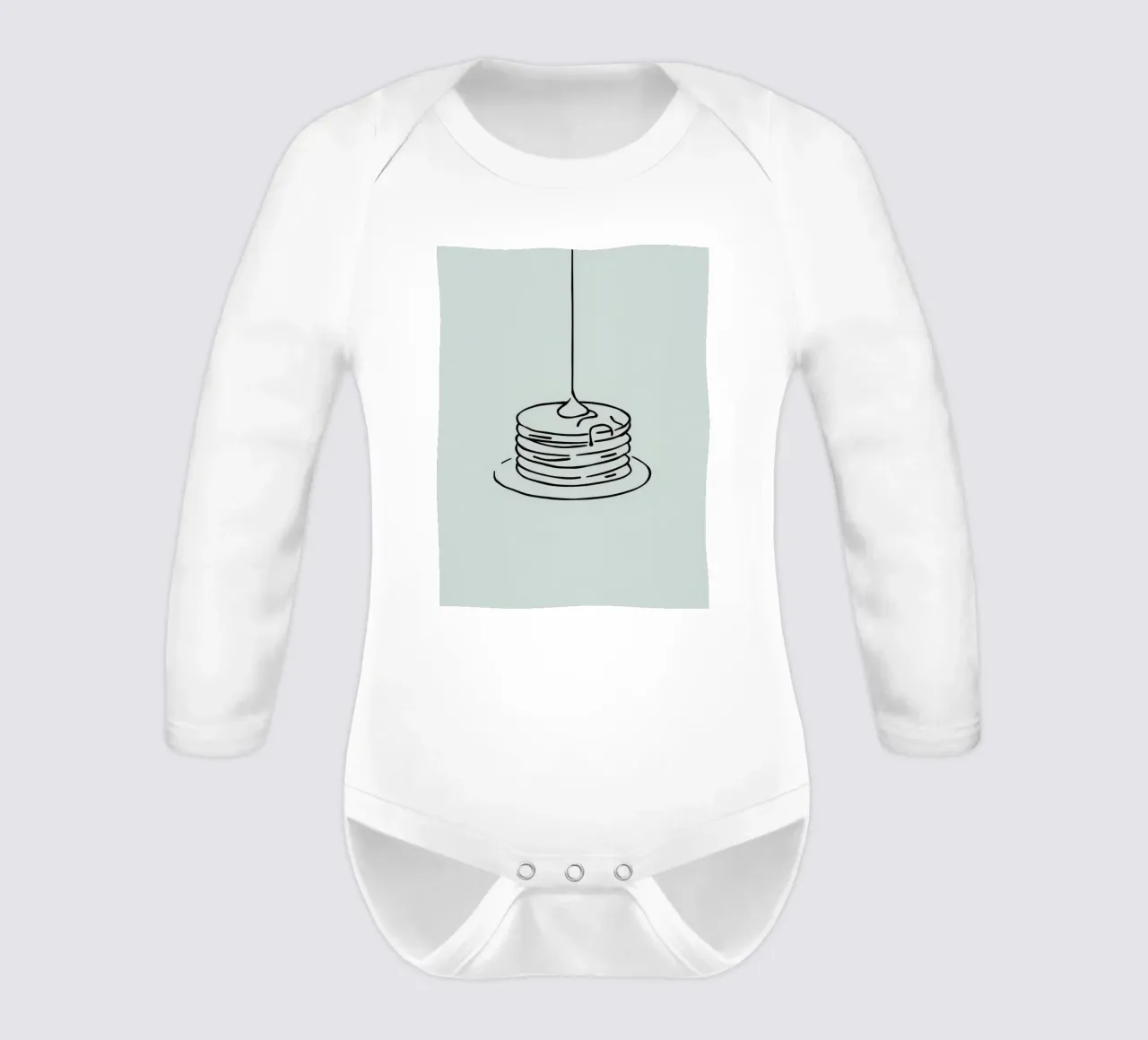Pancake impilati con sciroppo che cola su uno sfondo verde body neonato maniche lunghe da DesignDoodle