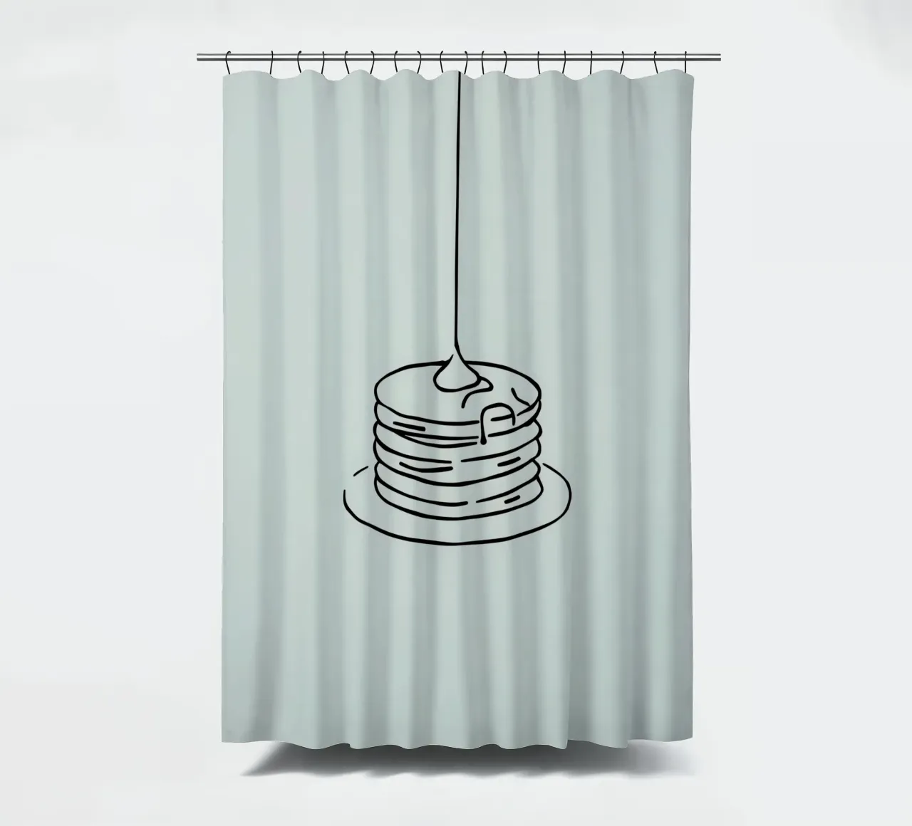 Pancake impilati con sciroppo che cola su uno sfondo verde tenda da doccia da DesignDoodle