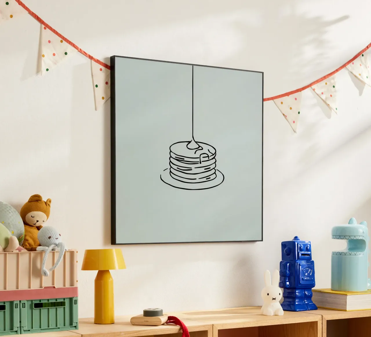 Stacked pancakes with syrup dripping on a green background alu-dibond by DesignDoodle