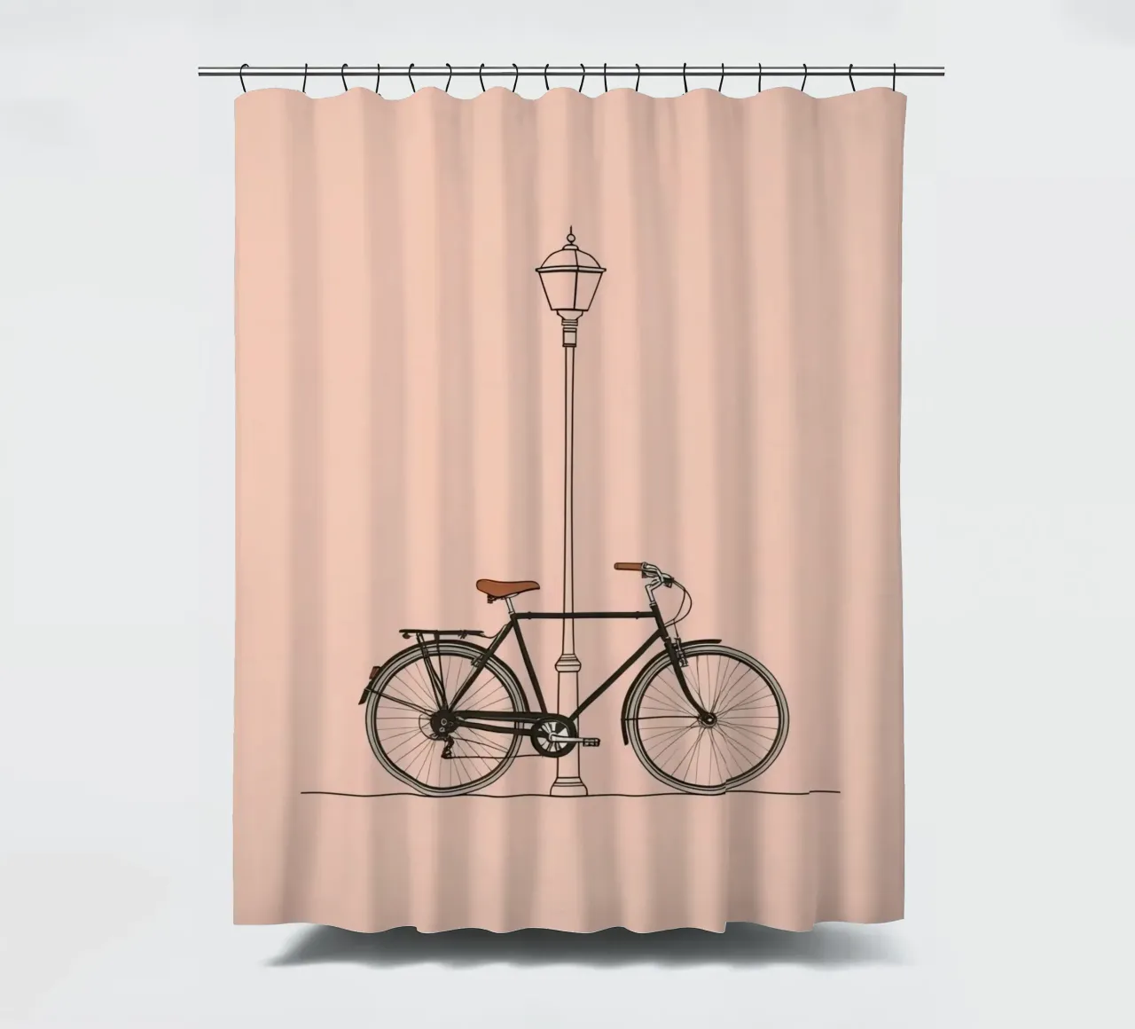 Black bicycle leaning against a vintage street lamp shower curtain by DesignDoodle