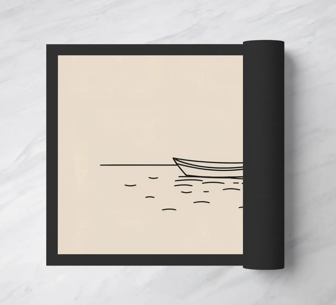 Simple boat floating quietly on calm waters at dawn doormat by DesignDoodle