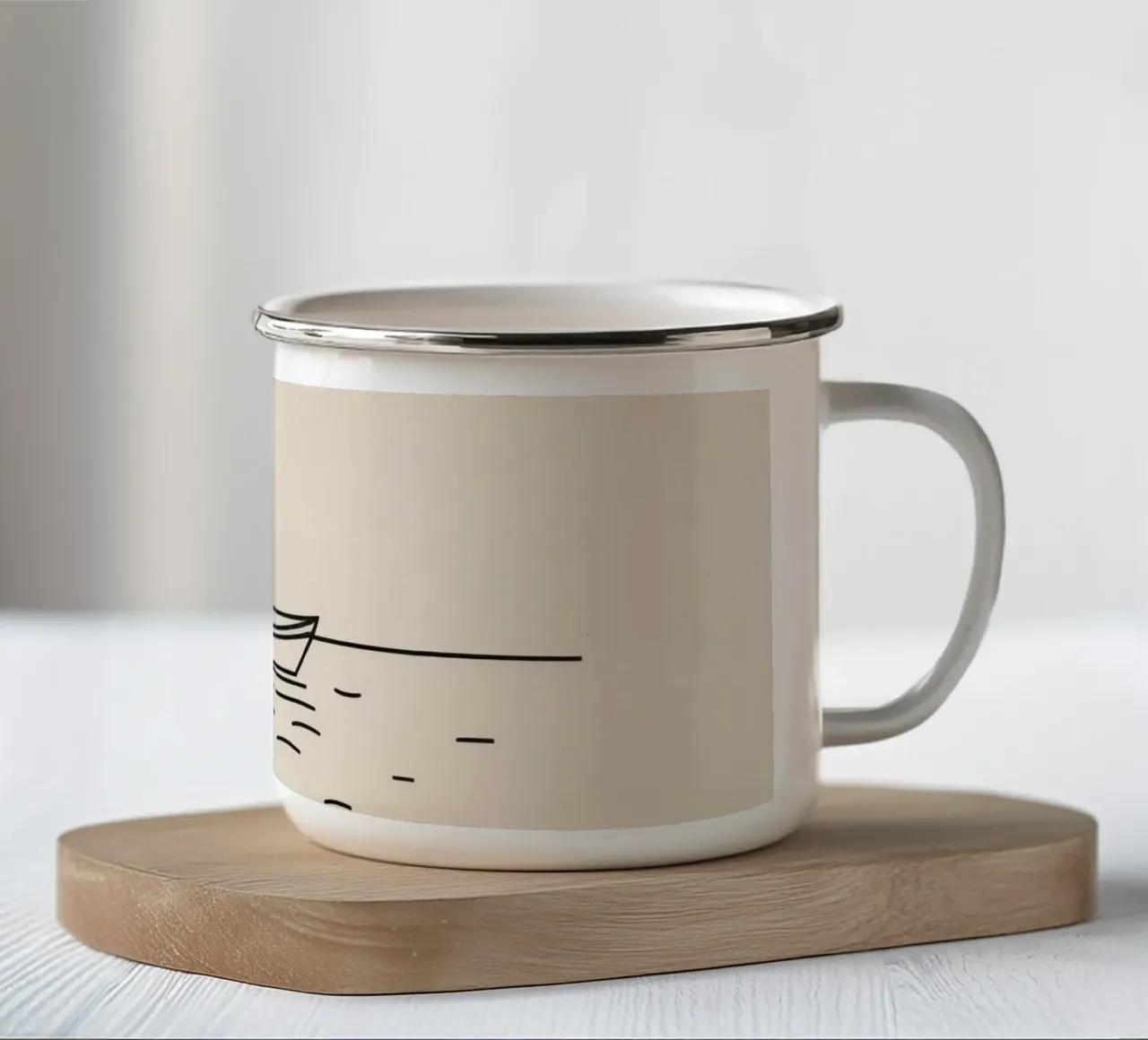 Simple boat floating quietly on calm waters at dawn enamel mug by DesignDoodle