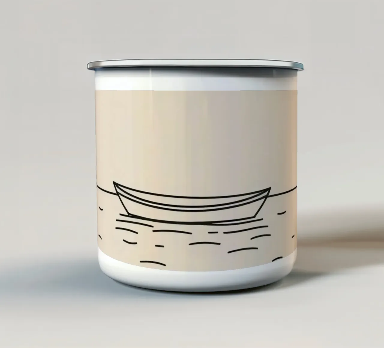 Simple boat floating quietly on calm waters at dawn enamel mug by DesignDoodle