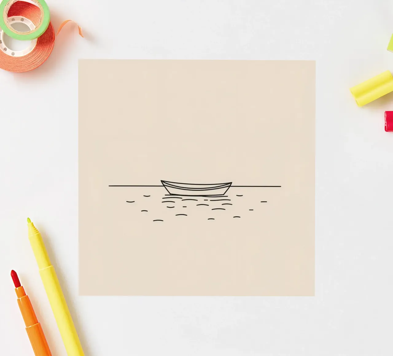 Bateau simple flottant tranquillement sur des eaux calmes à l'aube autocollant de DesignDoodle