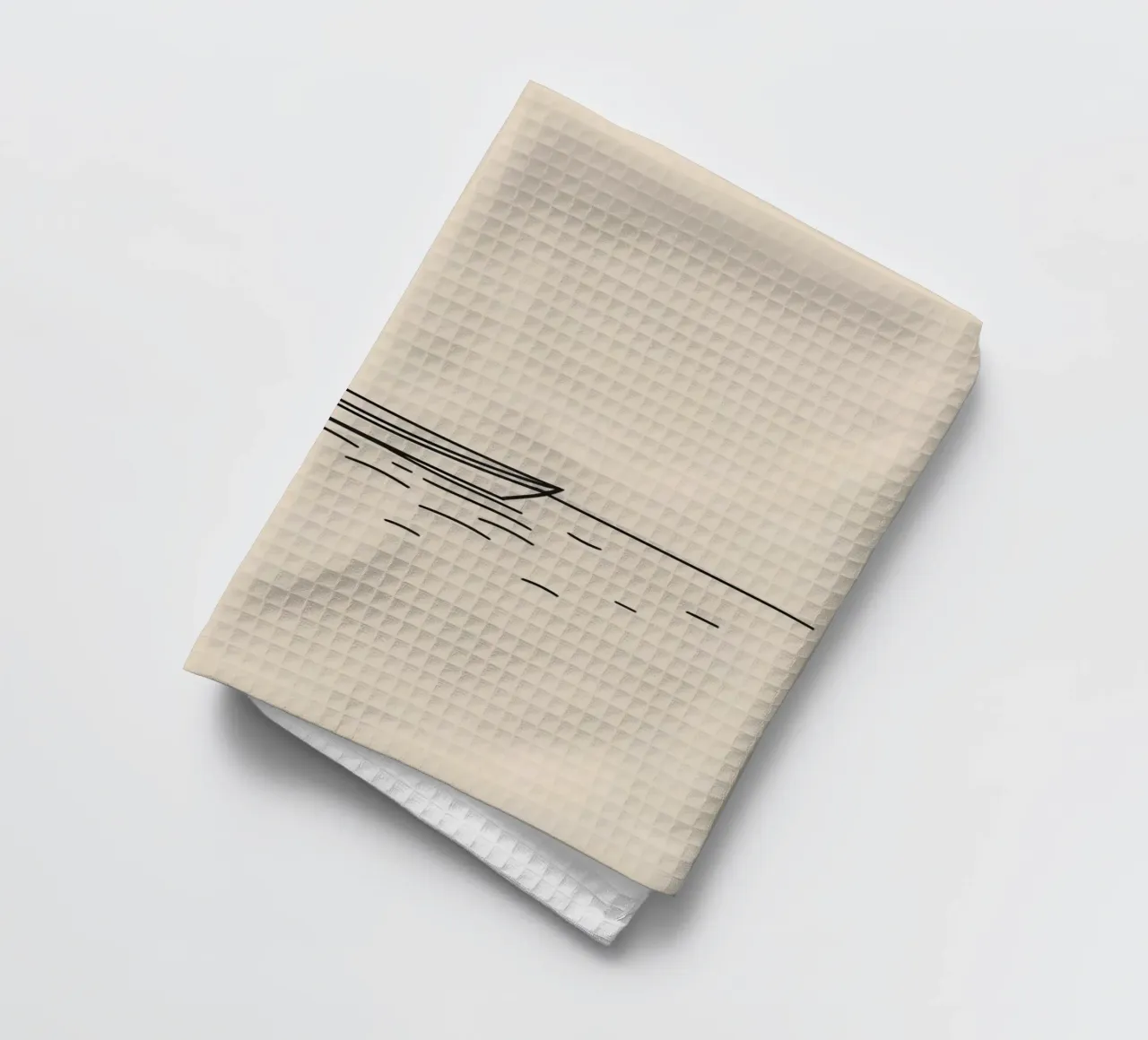 Simple boat floating quietly on calm waters at dawn tea towel by DesignDoodle