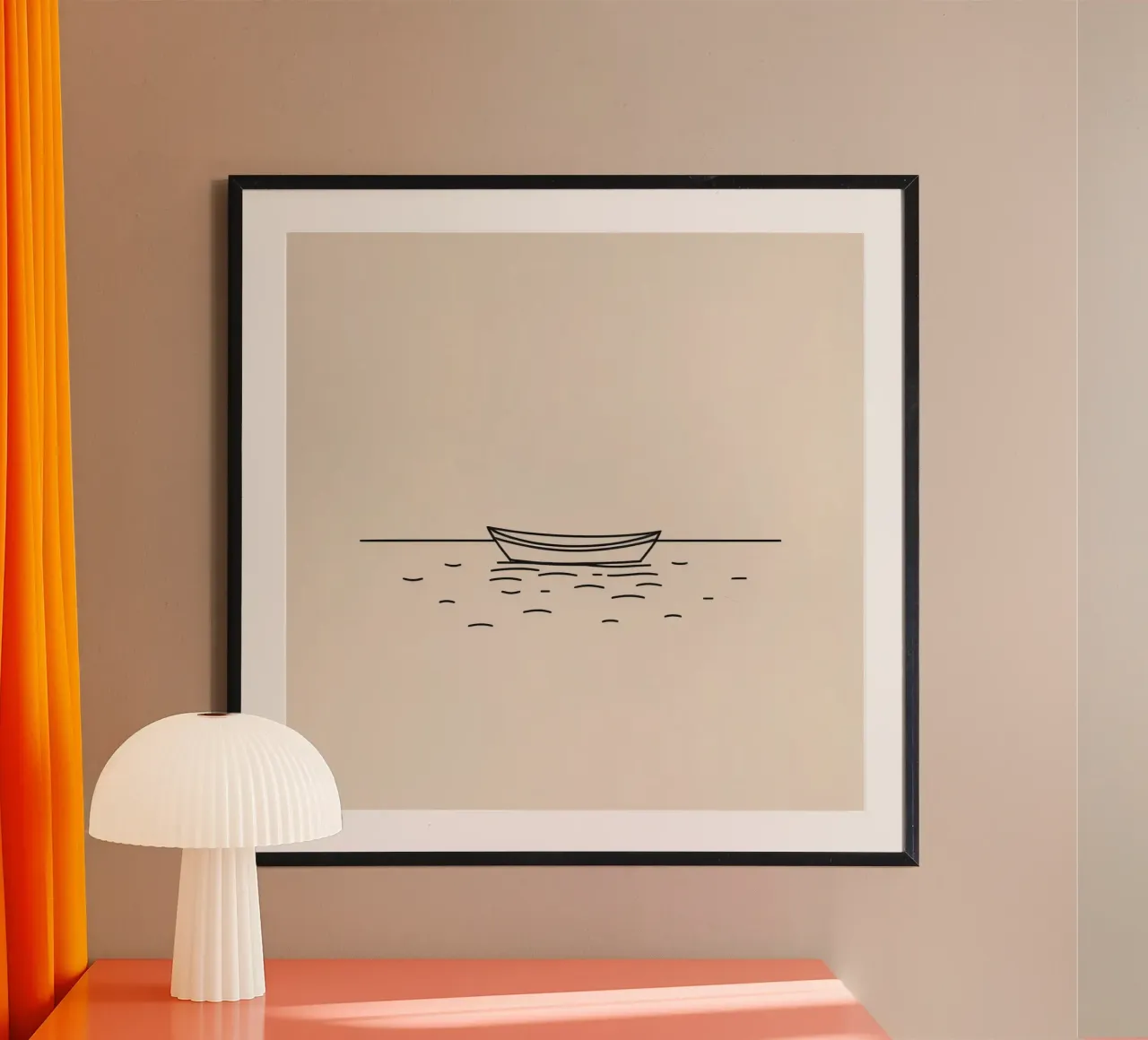 Simple boat floating quietly on calm waters at dawn hahnemühle by DesignDoodle