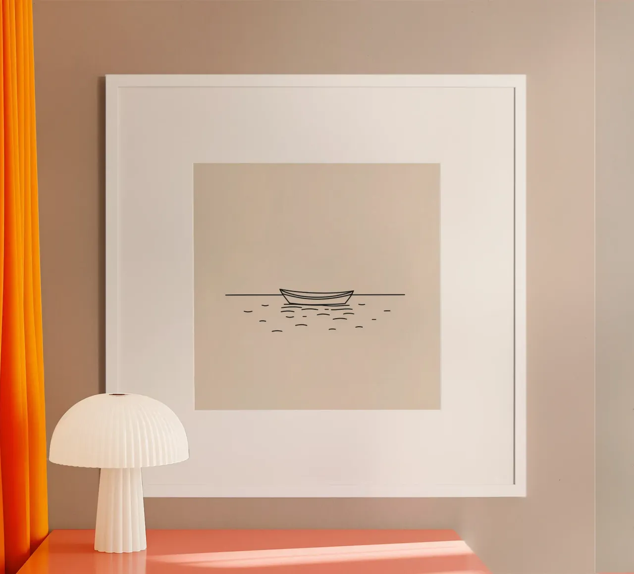 Simple boat floating quietly on calm waters at dawn hahnemühle by DesignDoodle