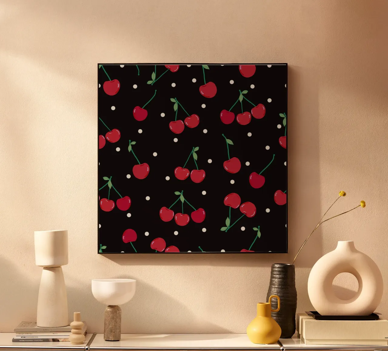 Cherries with dots black background alu-dibond by gulsengunel