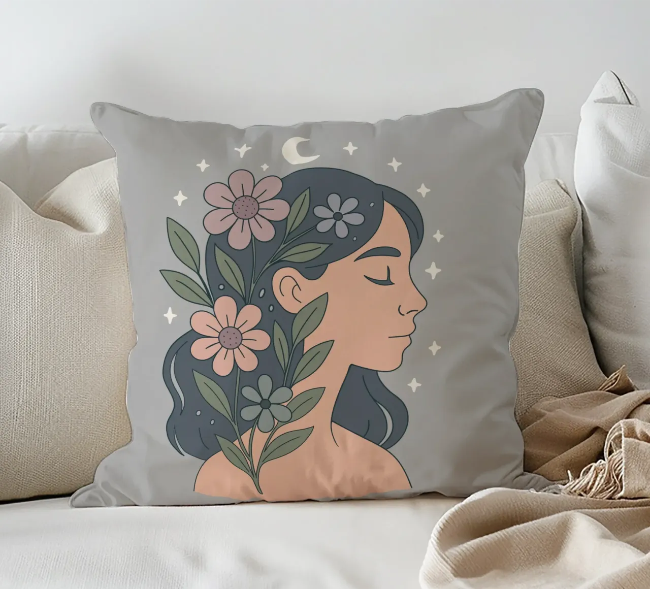 Eleganza floreale - Donna con corona di fiori cuscino da Kiroiharu