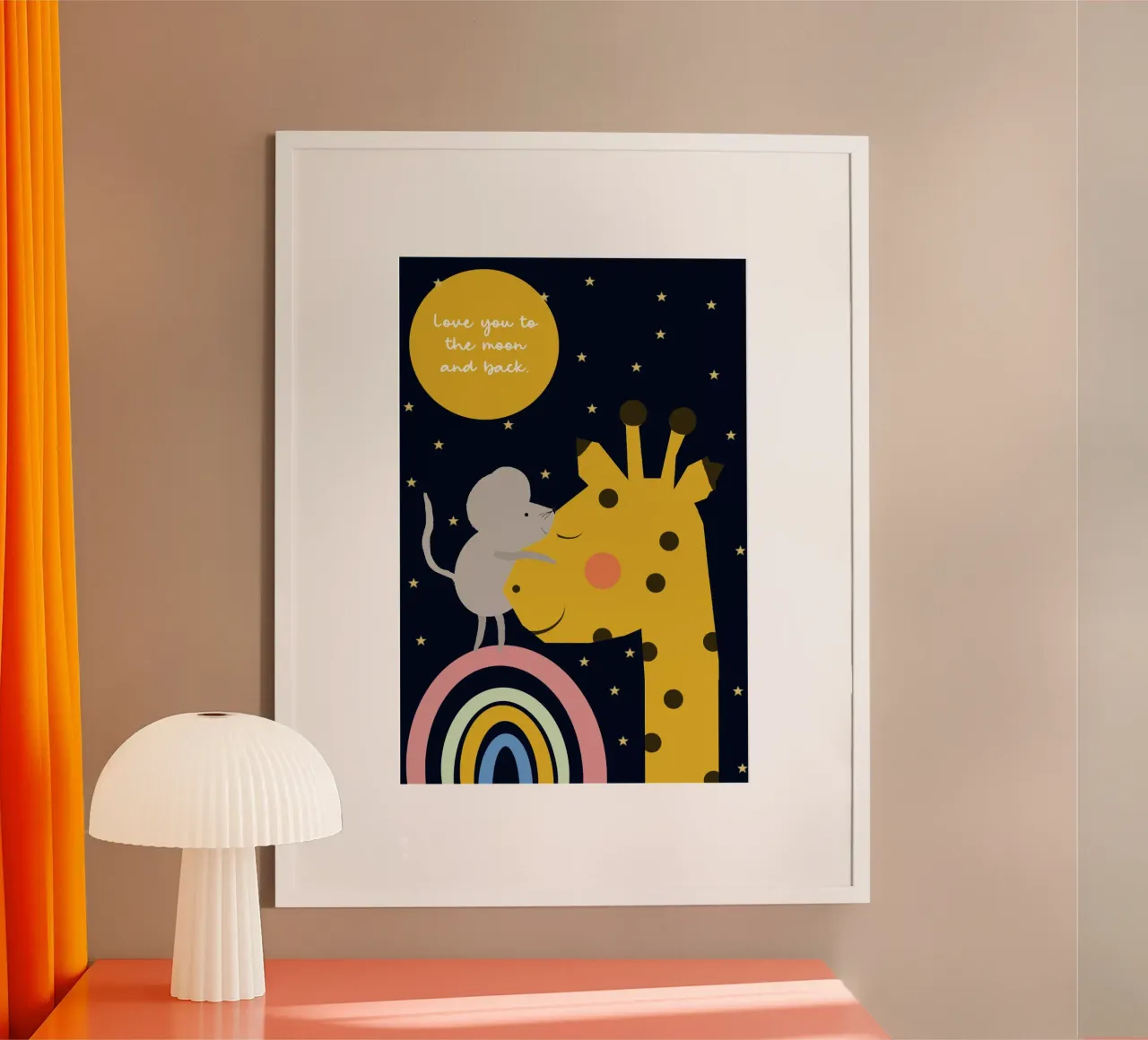 Love you to the moon and back - Giraffe und Maus poster with wooden frame by maramirage