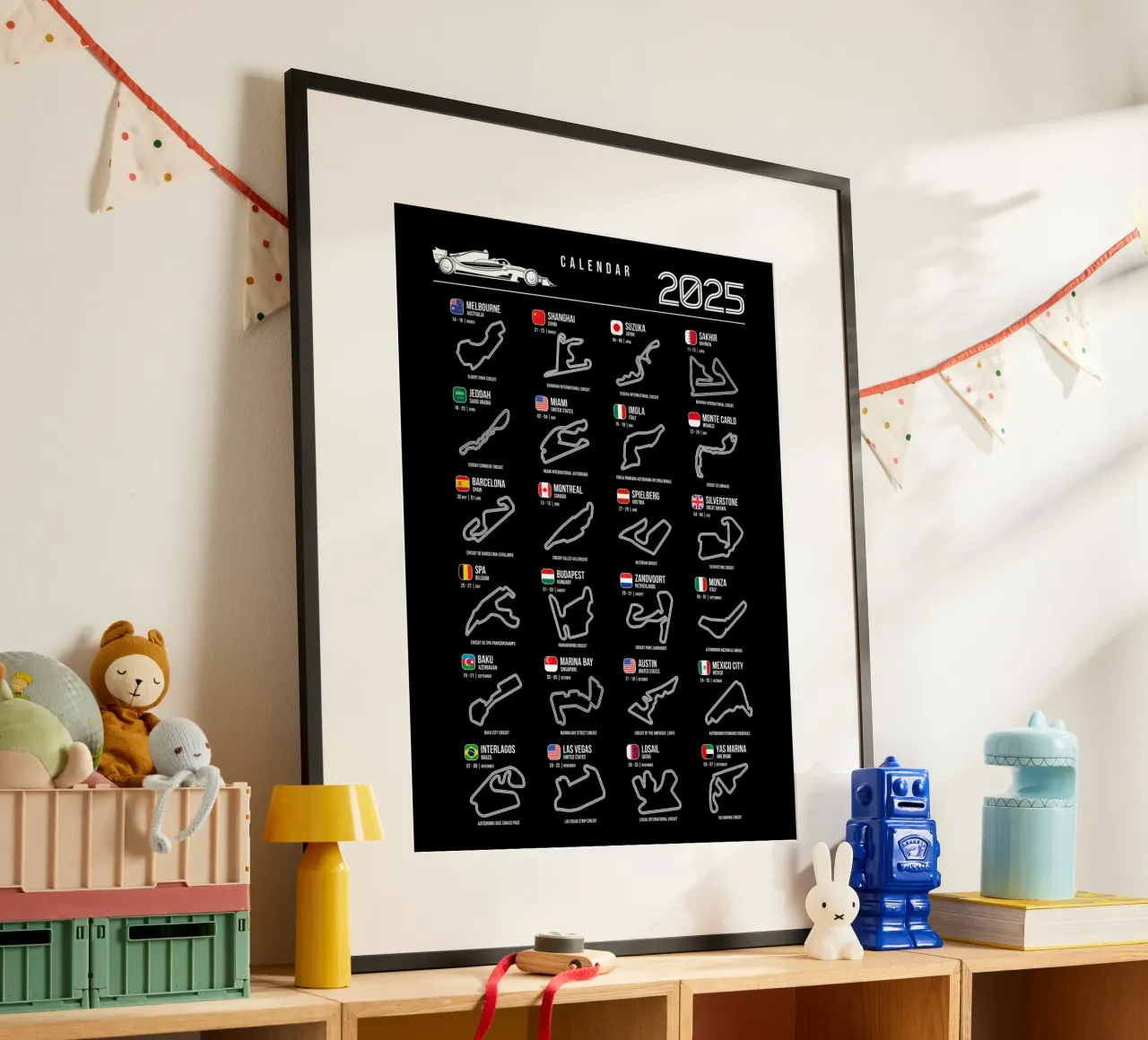 Programma Auto di Formula 2025 B&N poster con telaio in alluminio da Mariel Toigo