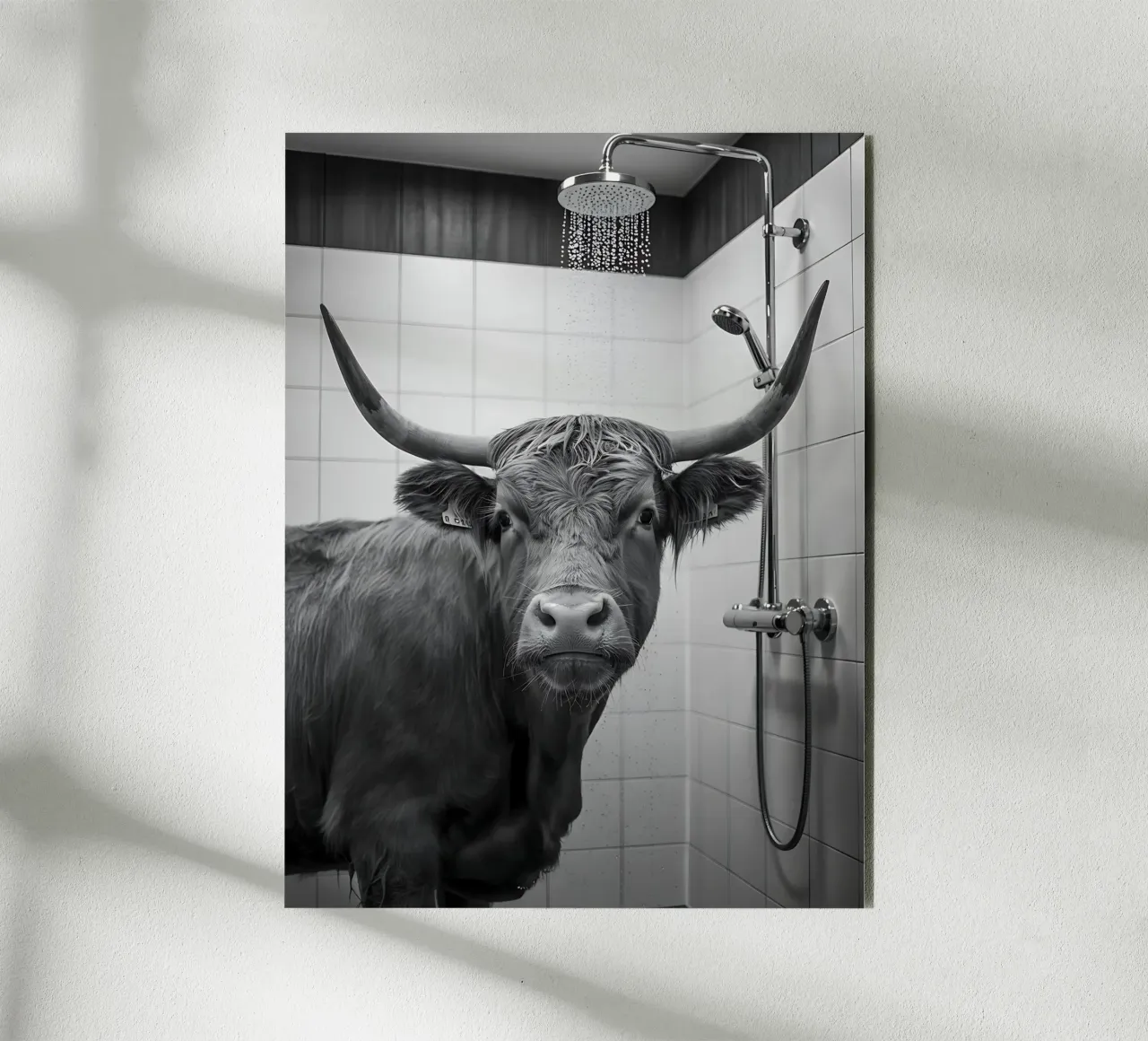 Mucca scozzese in bagno alluminio dibond da Plain Thoughts