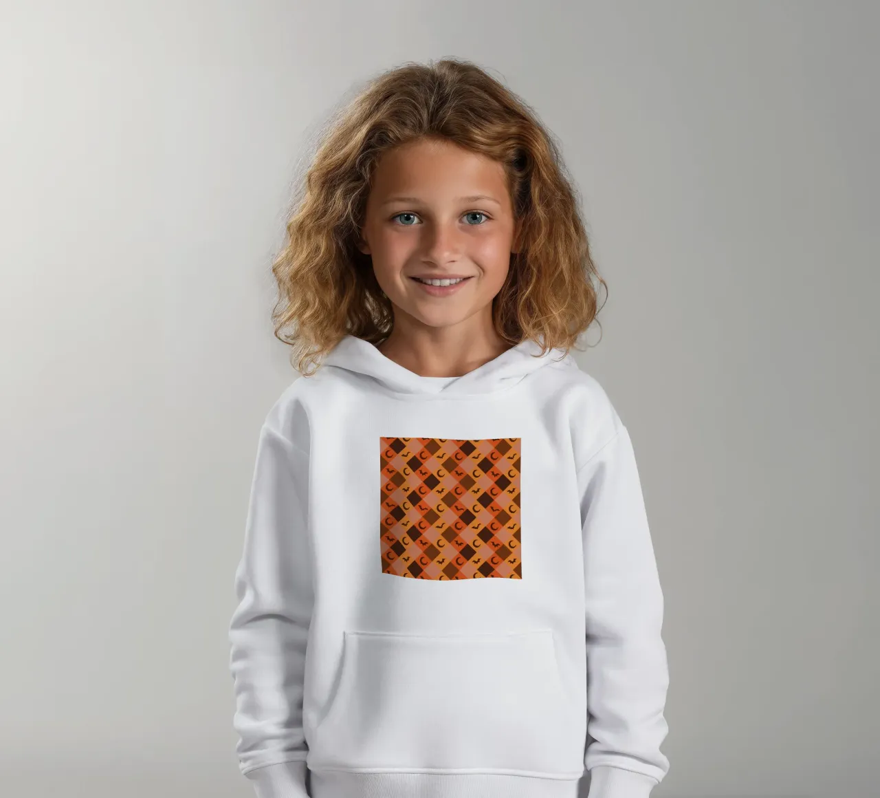 Pumpkin with plaid pattern bats and moon kids hoodie by gulsengunel