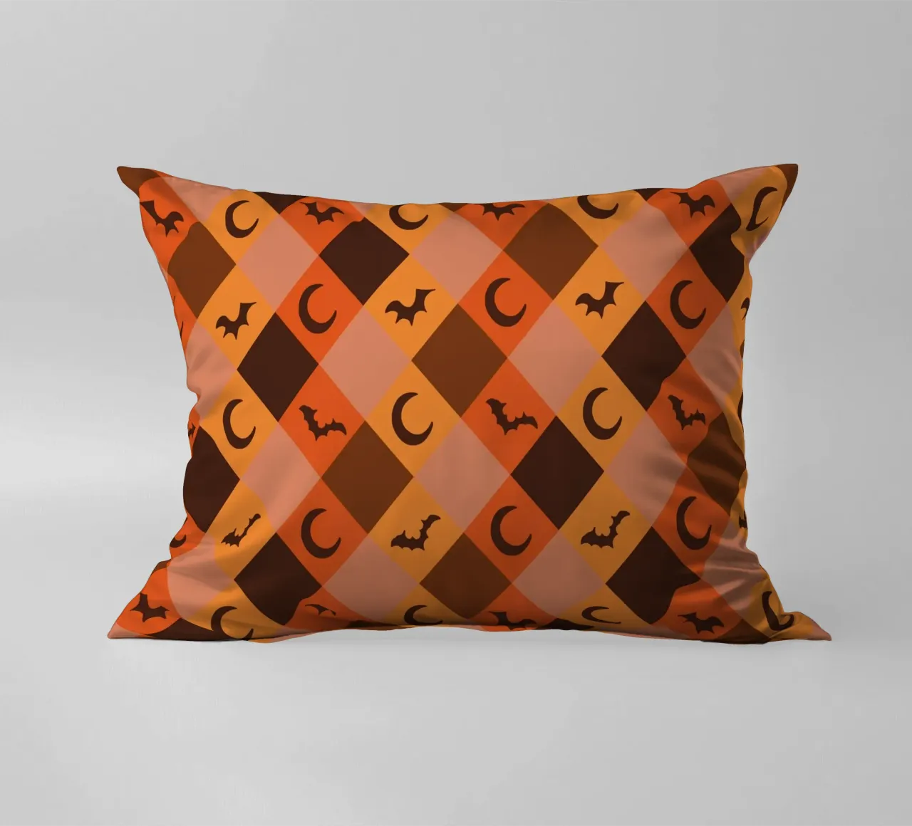 Pumpkin with plaid pattern bats and moon decorative cushion by gulsengunel