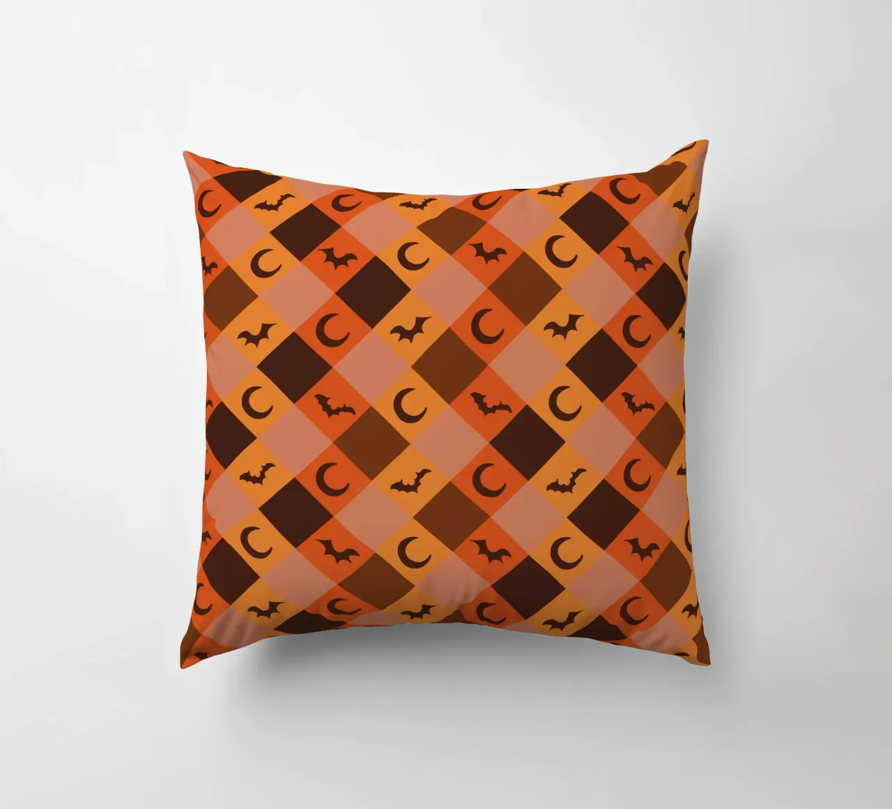 Pumpkin with plaid pattern bats and moon decorative cushion by gulsengunel