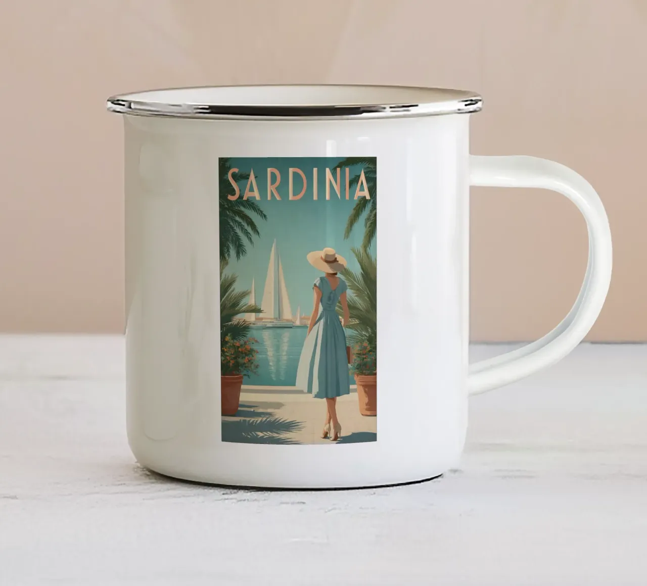 Poster di viaggio vintage della Sardegna tazza in smalto da Vintage Travel Art