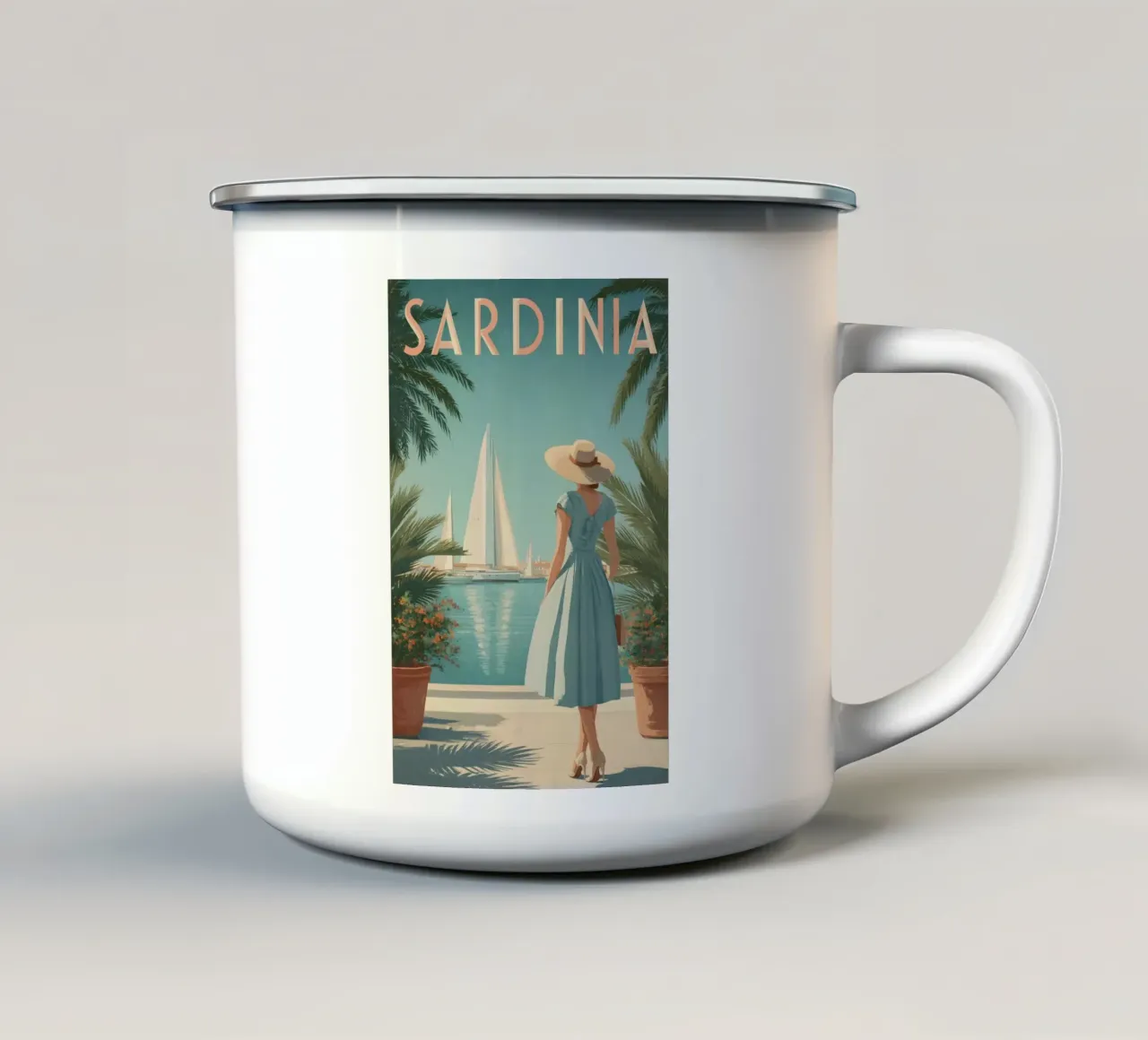 Poster di viaggio vintage della Sardegna tazza in smalto da Vintage Travel Art