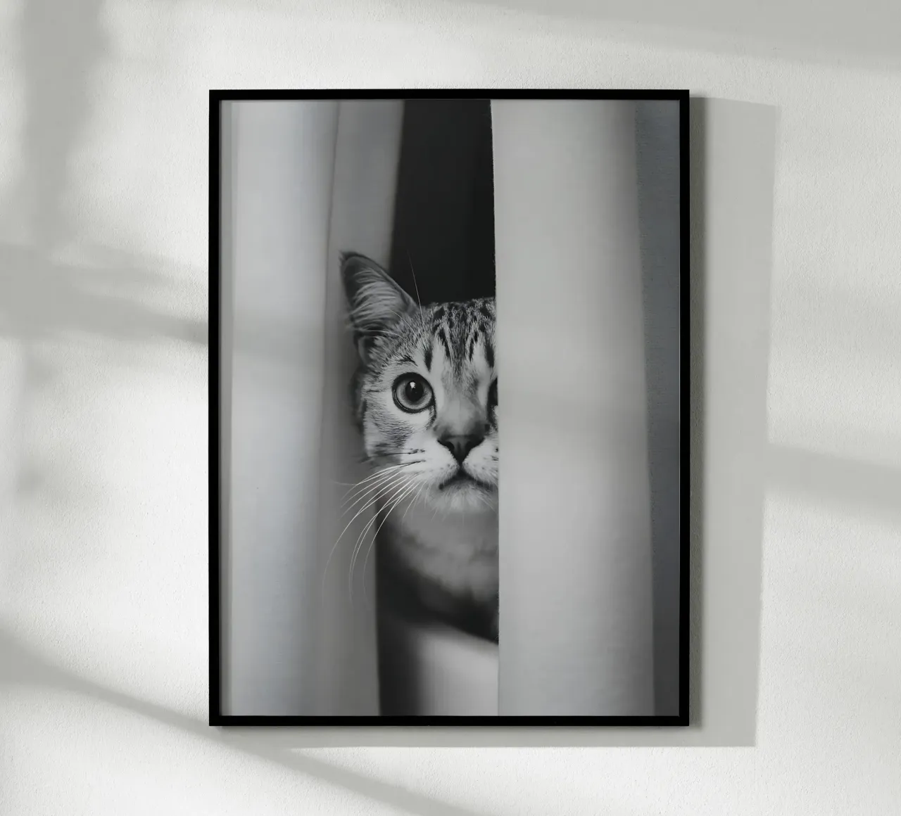 Curious cat behind the bathroom curtain poster with plastic frame by Plain Thoughts