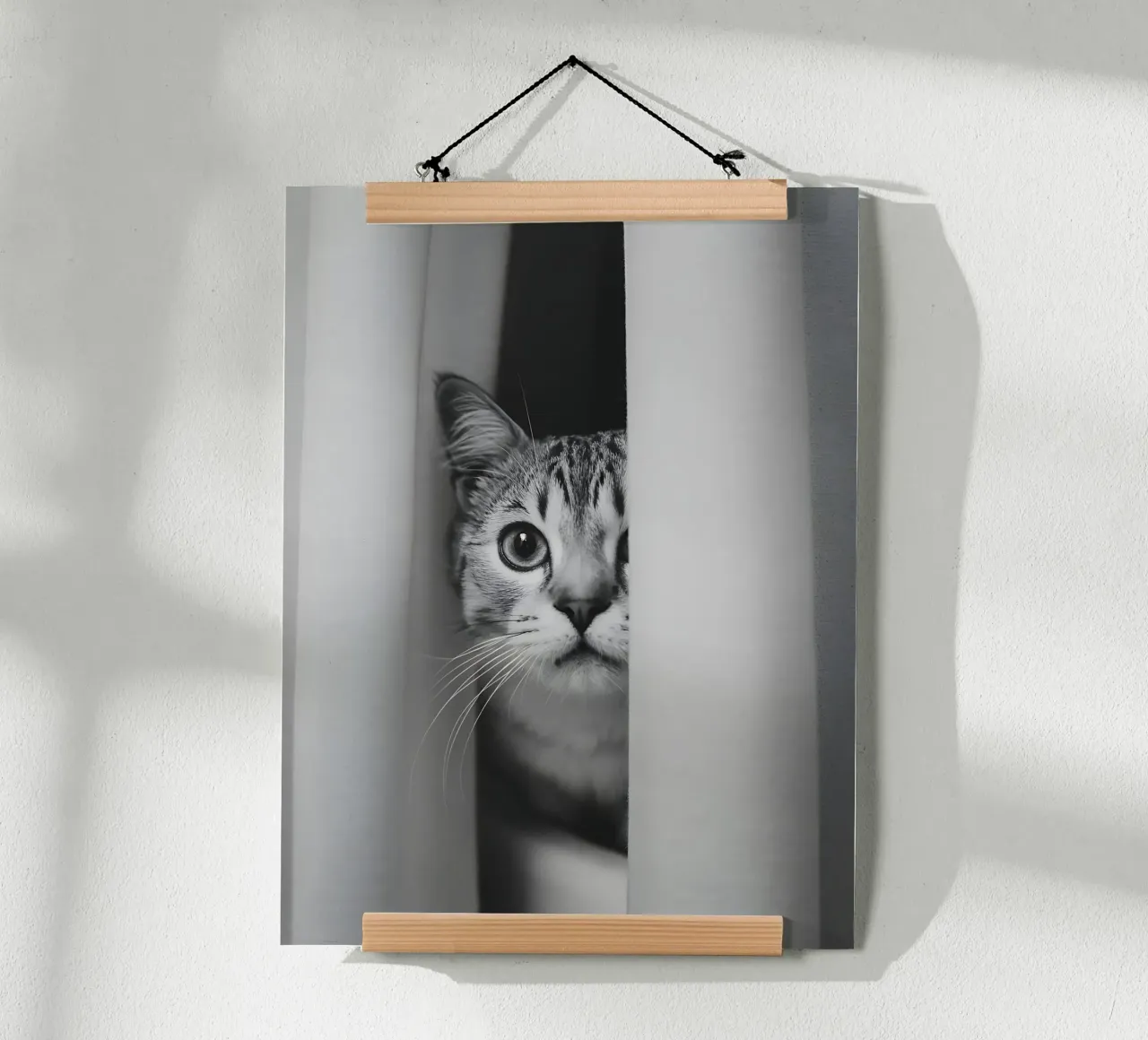 Curious cat behind the bathroom curtain poster with plastic frame by Plain Thoughts
