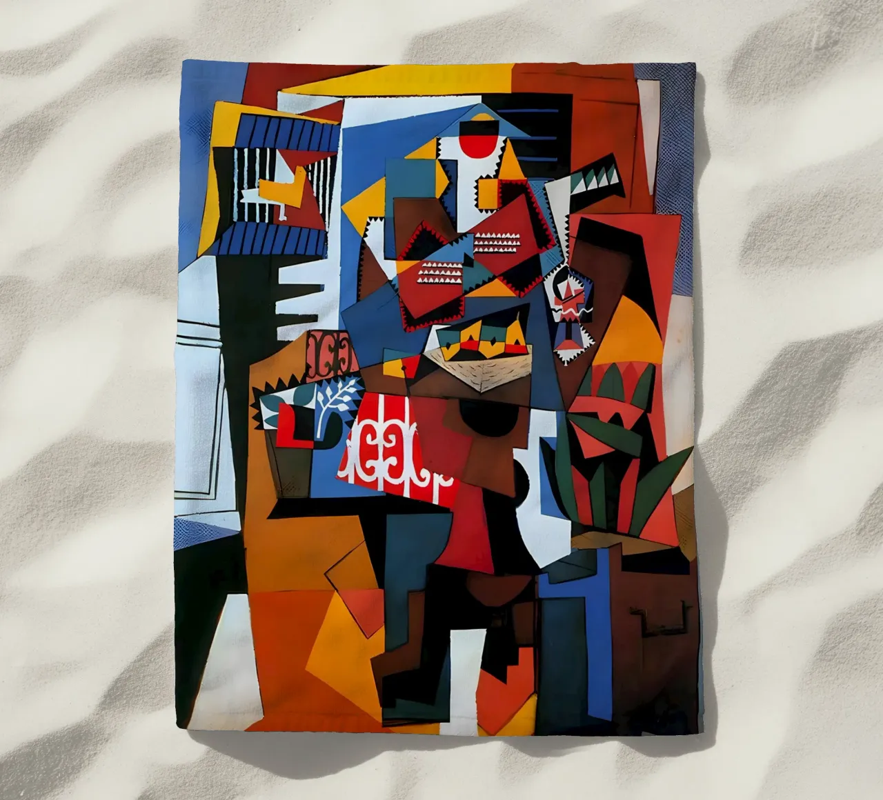 Picasso Inspired Still Life - Dynamic Cubist Art Print beach towel by homdeco