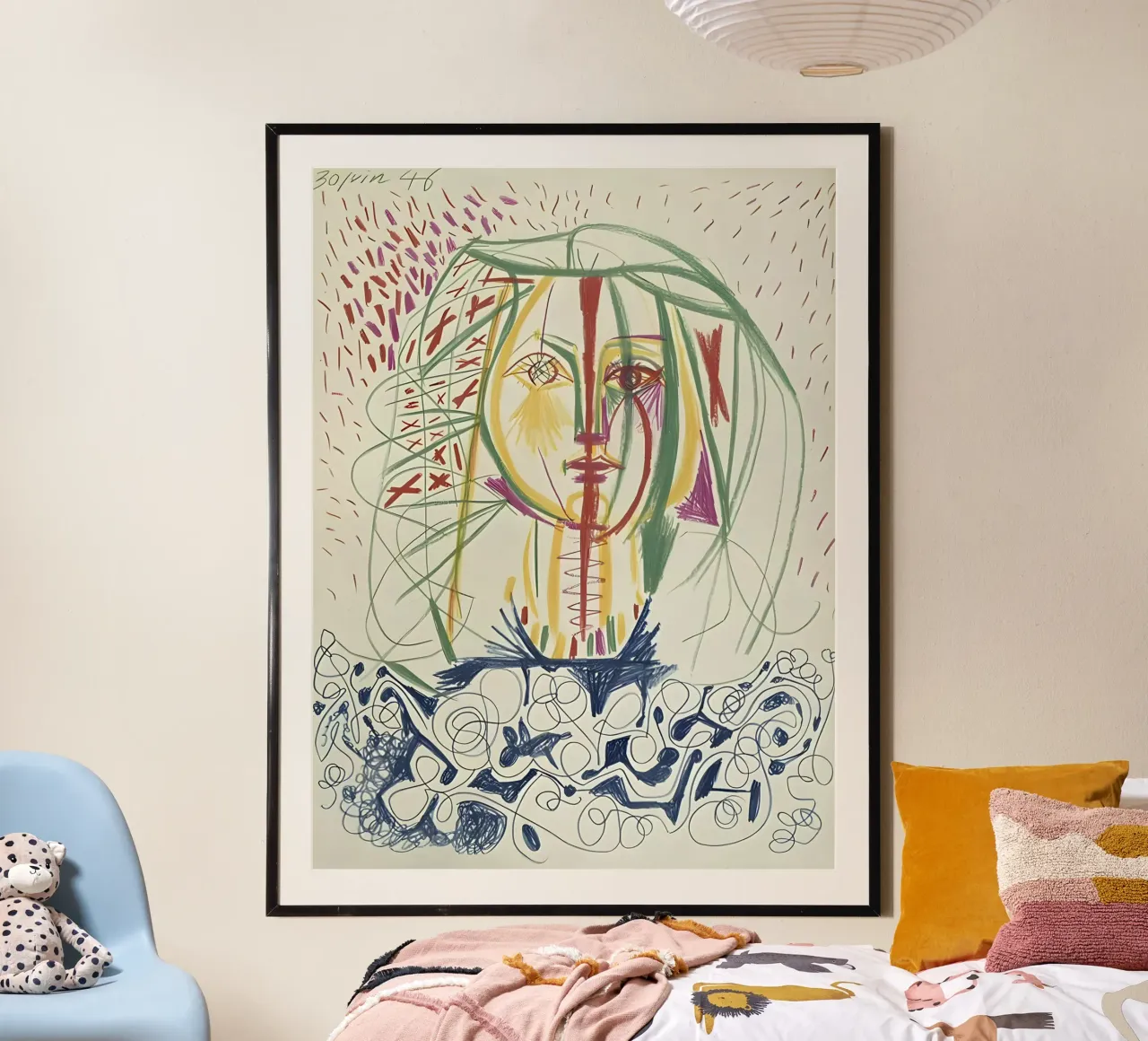 Picasso 1946 Ritratto astratto di donna - Avant-Garde Line Art poster con telaio in legno da homdeco